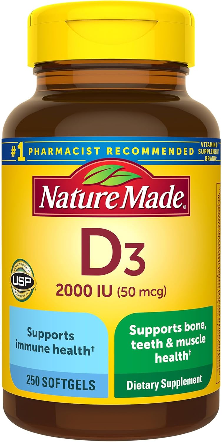 Nature Made Vitamin D3 2000 IU (50 mcg), Vitamin D Supplement for Bone, Teeth, Muscle and Immune Health Support, 250 Softgels, 250 Day Supply