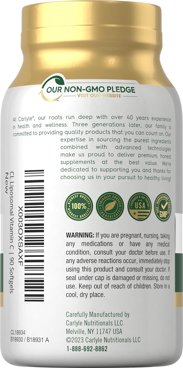 Carlyle Liposomal Vitamin C | 2200mg | 90 Softgel Capsules | High Potency Complex Supplement | Non-GMO, Gluten Free Packaging May Vary