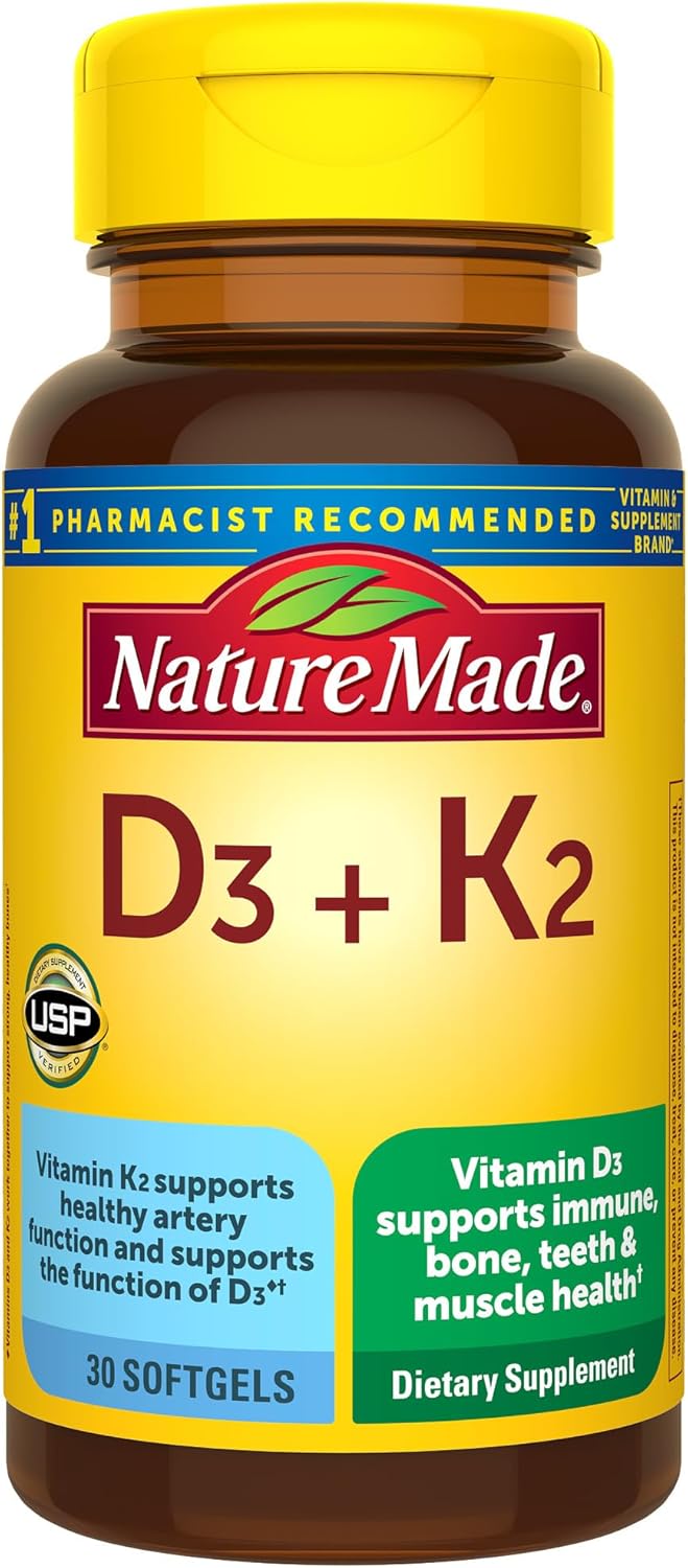 Nature Made Vitamin D3 K2 Supplement, 5000 IU (125 mcg) Vitamin D for Bone, Teeth, Muscle and Immune Support, 30 D3 and K2 Softgels, 30 Day Supply