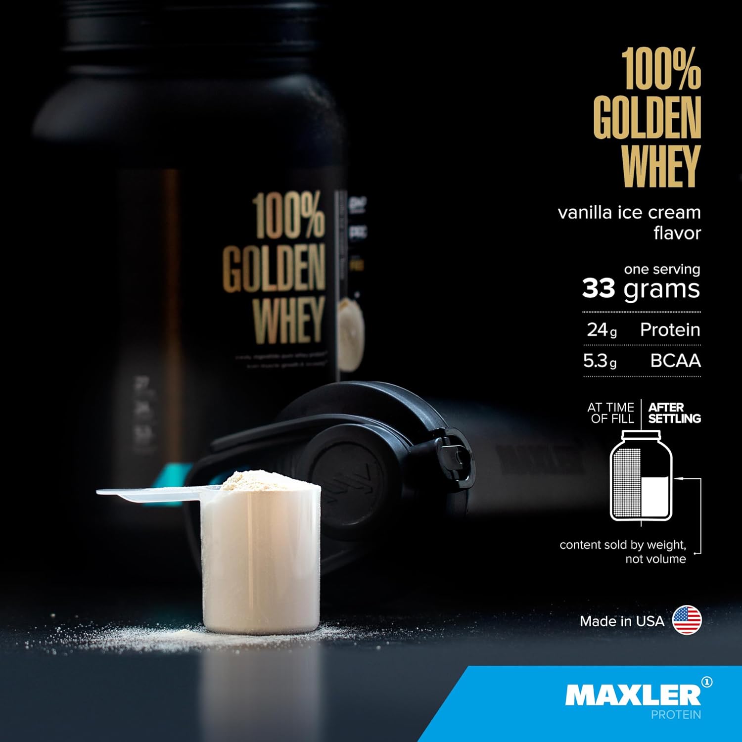 Maxler 100% Golden Whey Protein - 24g of Protein per Serving - Premium Whey Protein Powder for Pre Post Workout - Fast-Absorbing Whey Concentrate, Isolate & Hydrolysate Blend - Vanilla Ice Cream 2 lb