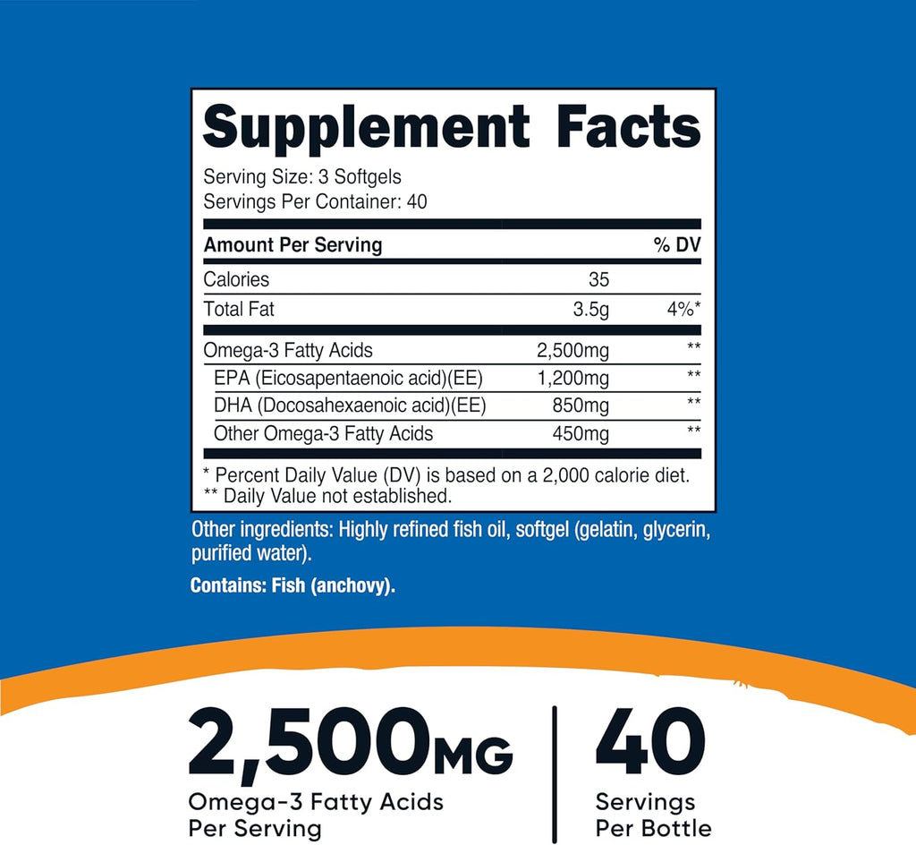 Nutricost Omega 3 Fish Oil - 2500MG, 120 Softgels (40 Serv) - Fish Oil, Wild Caught! 1200mg EPA 850mg DHA - Non-GMO, Gluten Free