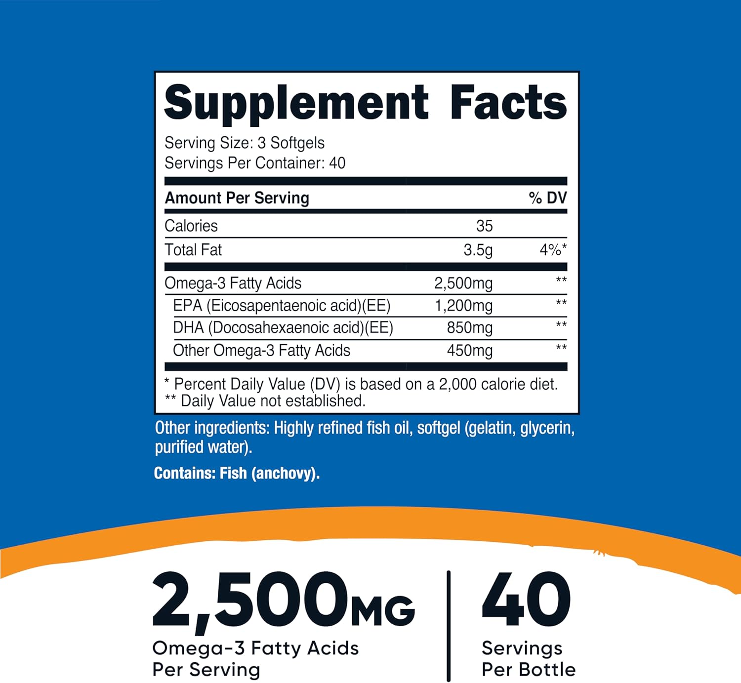 Nutricost Omega 3 Fish Oil - 2500MG, 120 Softgels (40 Serv) - Fish Oil, Wild Caught! 1200mg EPA 850mg DHA - Non-GMO, Gluten Free