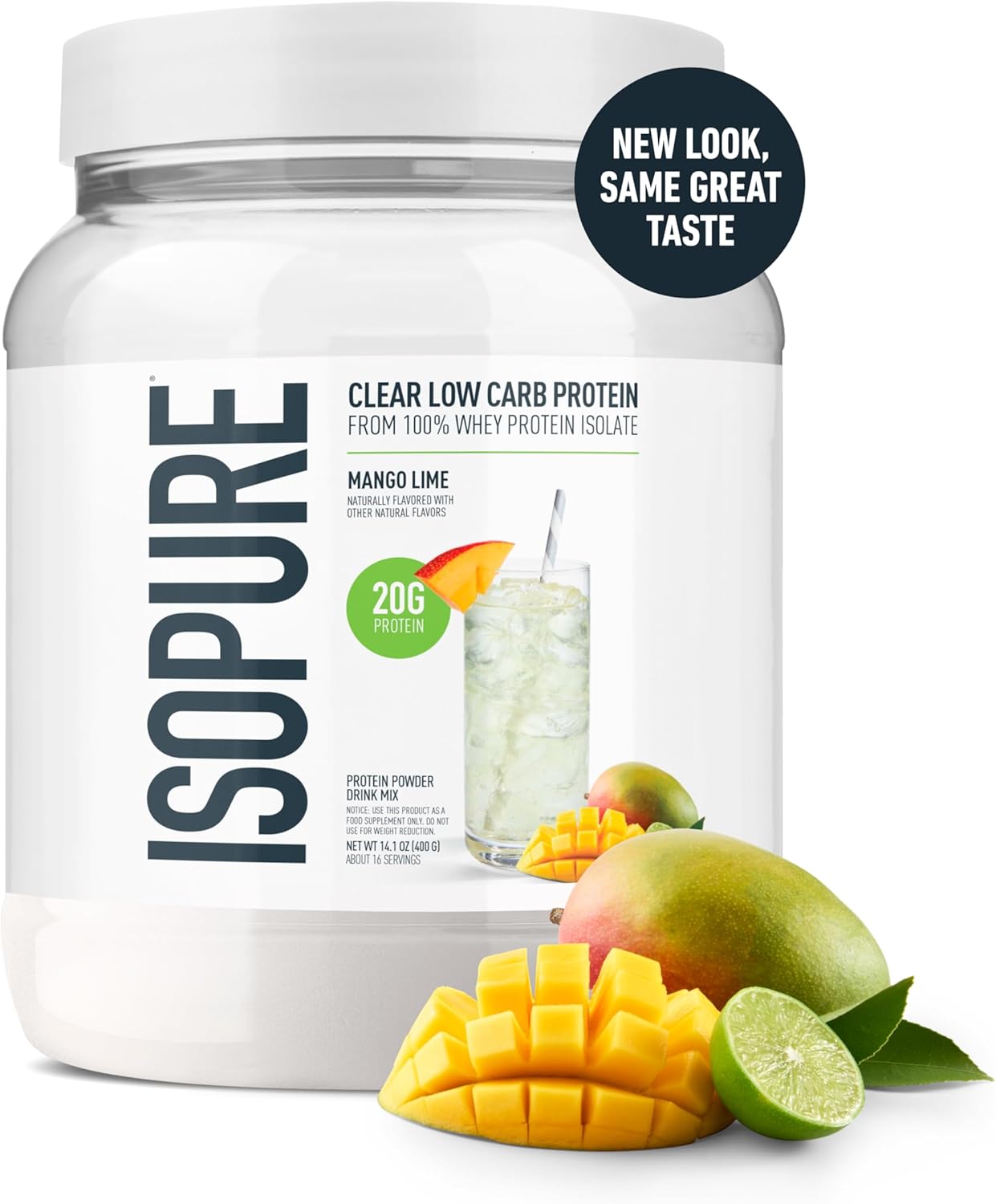 Isopure Clear Whey Isolate Protein Powder, Lactose Free, Gluten Free, Naturally Flavored, Mango Lime, 20g Protein Per Serving, 14.1 Oz, 16 Servings (Packaging May Vary)