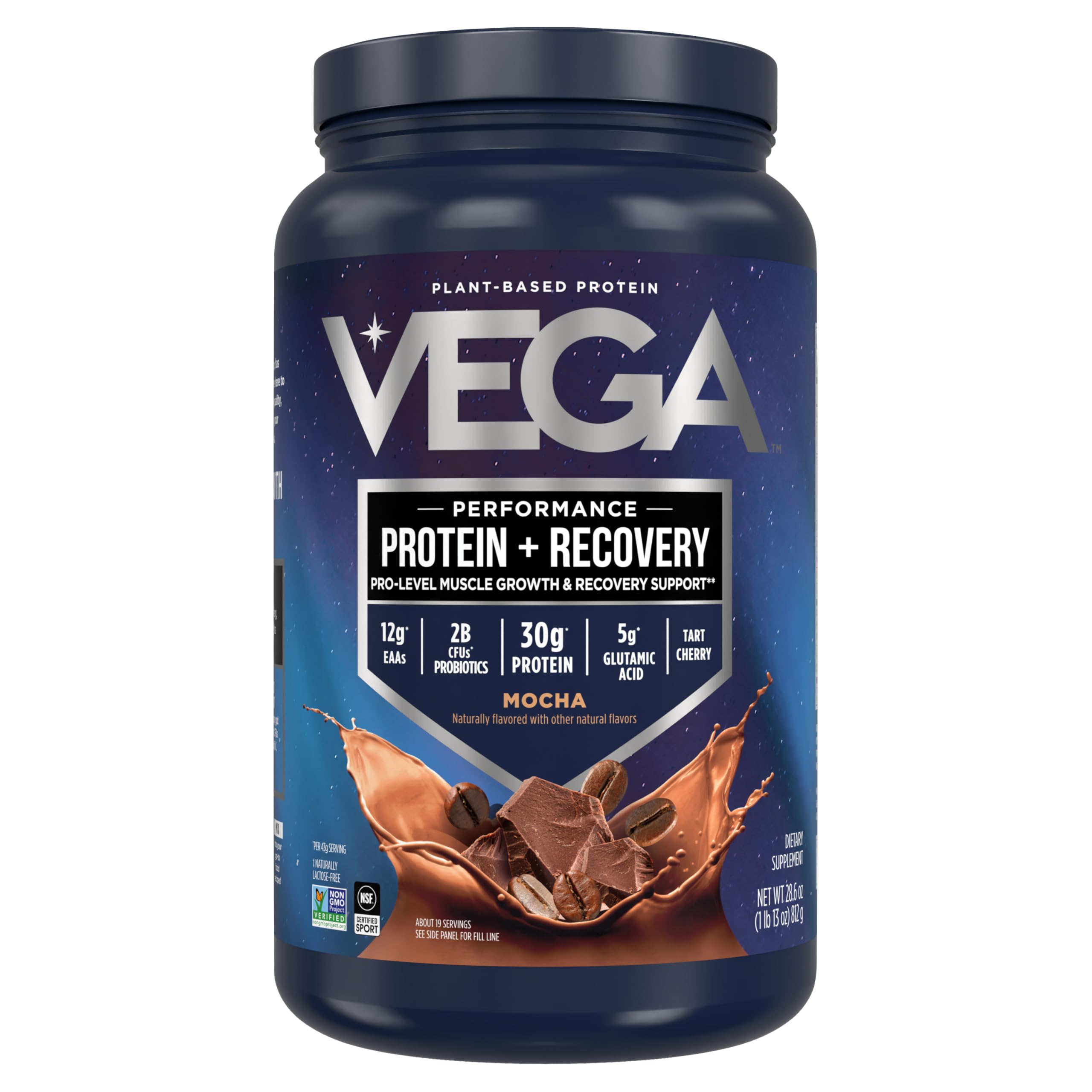 Vega Sport Vegan Protein Powder + Recovery - 30g Plant Based Protein per Serving, Mocha, 45 Servings, 5g BCAAs, Probiotics, NSF Certified, for Shakes & Smoothies, 4.2lbs (Packaging May Vary)