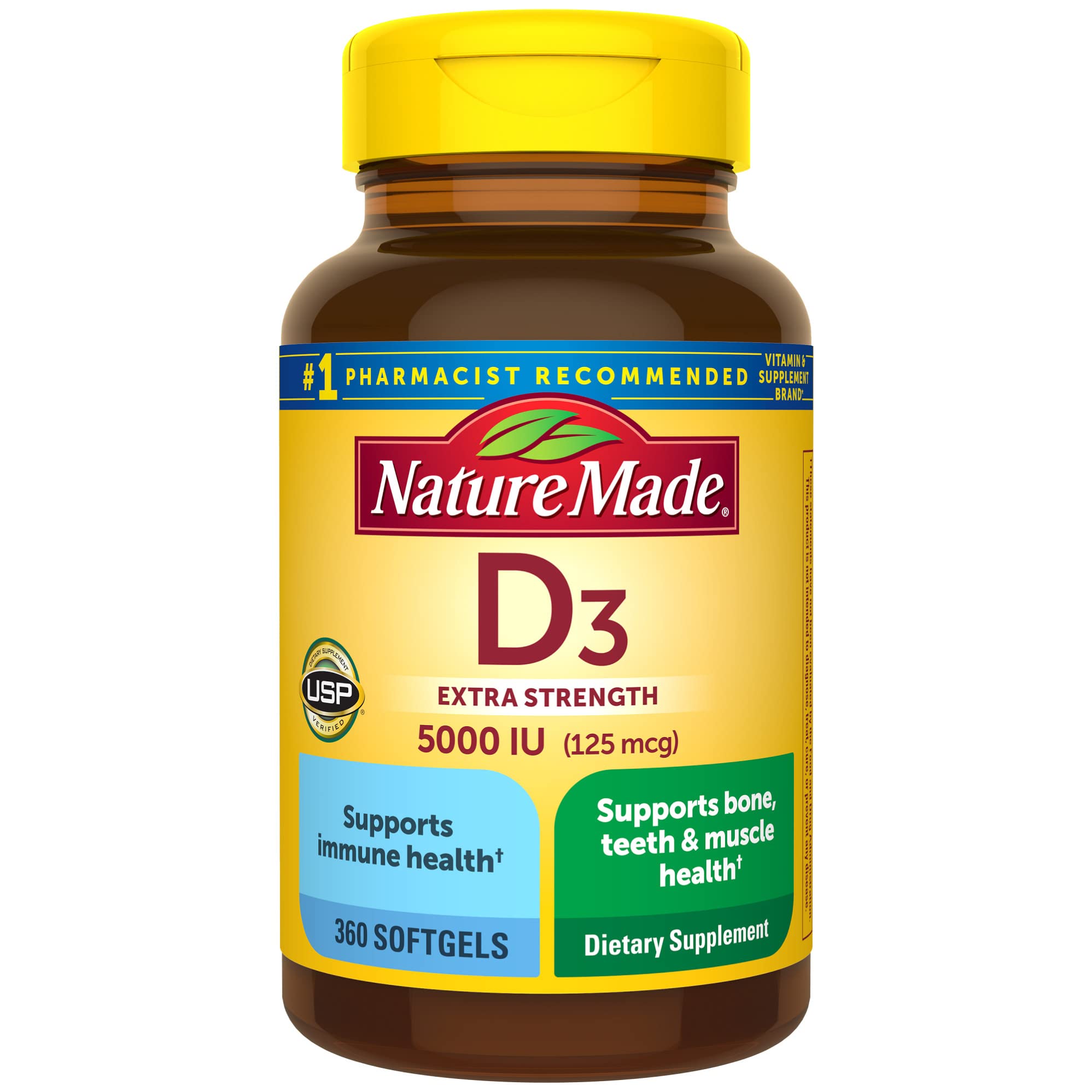 Nature Made Vitamin D3 5000 IU (125 mcg) Softgels, Extra Strength Vitamin D Supplement for Bone and Immune Health Support, 180 Count, 180 Day Supply