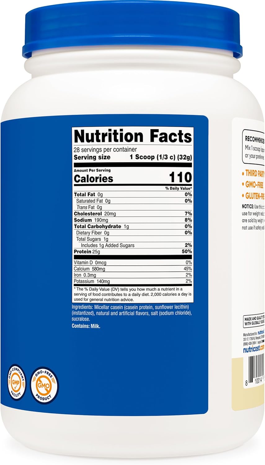 Nutricost Casein Protein Powder 2lb Vanilla - Micellar Casein, Gluten Free, Non-GMO