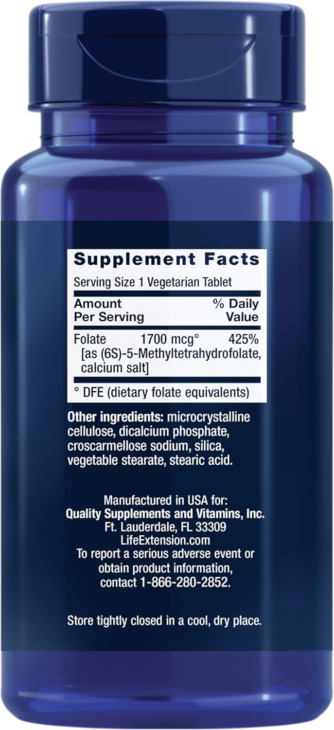 Life Extension Optimized Folate – L-methylfolate – Heart & Brain Support, Healthy Homocysteine Levels – Non-GMO, Gluten-Free, Vegetarian – 1700 mcg DFE, 100 Vegetarian Tablets