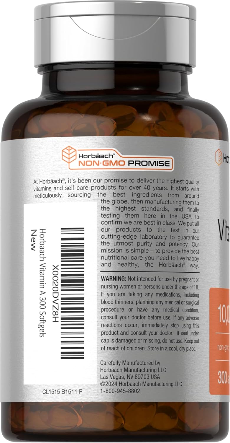 Horbäach Vitamin A 10000 IU Softgels | 300 Count | Non-GMO, Gluten Free Supplement