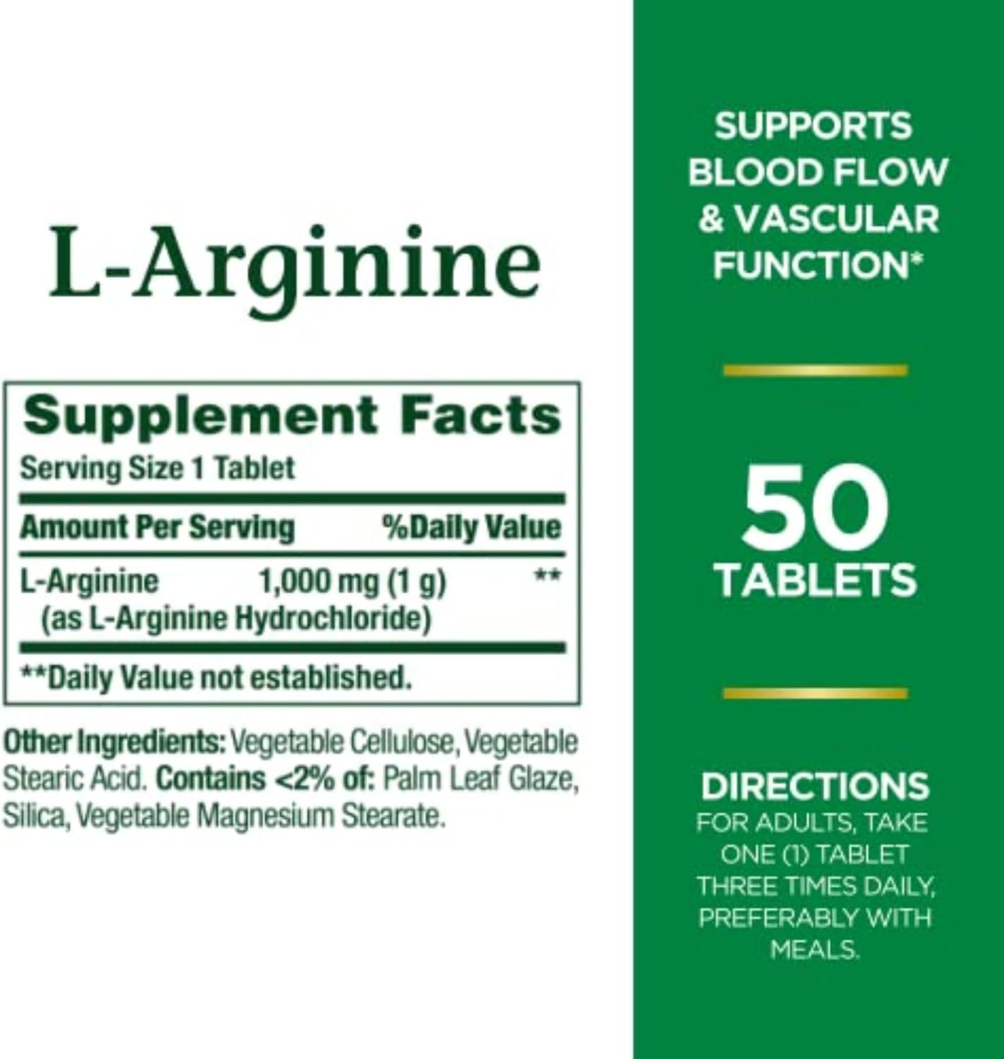 Nature’s Bounty L-Arginine 1000mg for Supporting Blood Flow and Vascular Function – Non-GMO, Gluten Free, 50 Tablets