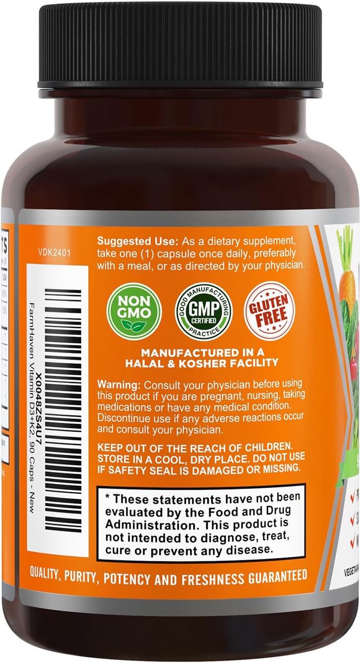 FarmHaven Vitamin D3 K2 Capsules - 5000 IU D3 and 100 mcg K2 - Cholecalciferol MK7 with Veggie Fruit Blend - Vitamin D K2 Supplement for Immune System & Heart Health - Vegetarian, Non-GMO, 90 Caps