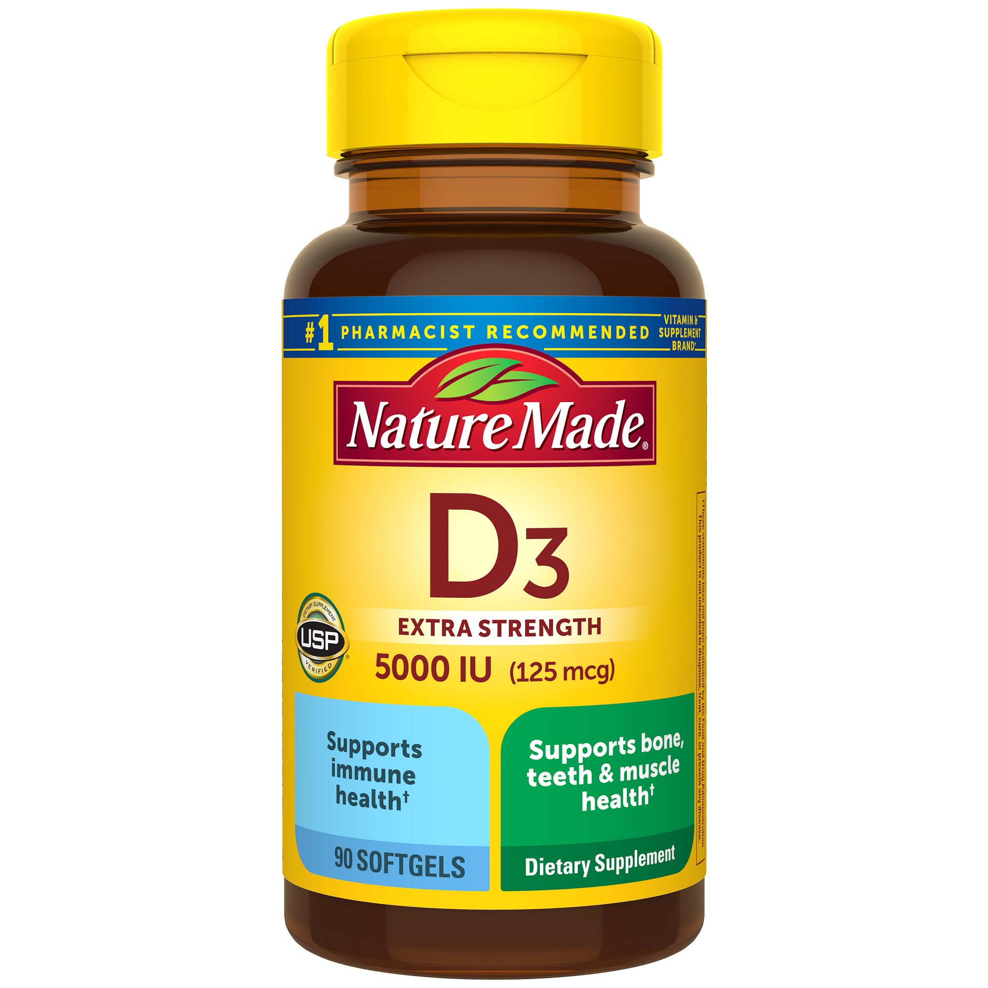 Nature Made Vitamin D3 5000 IU (125 mcg) Softgels, Extra Strength Vitamin D Supplement for Bone and Immune Health Support, 180 Count, 180 Day Supply