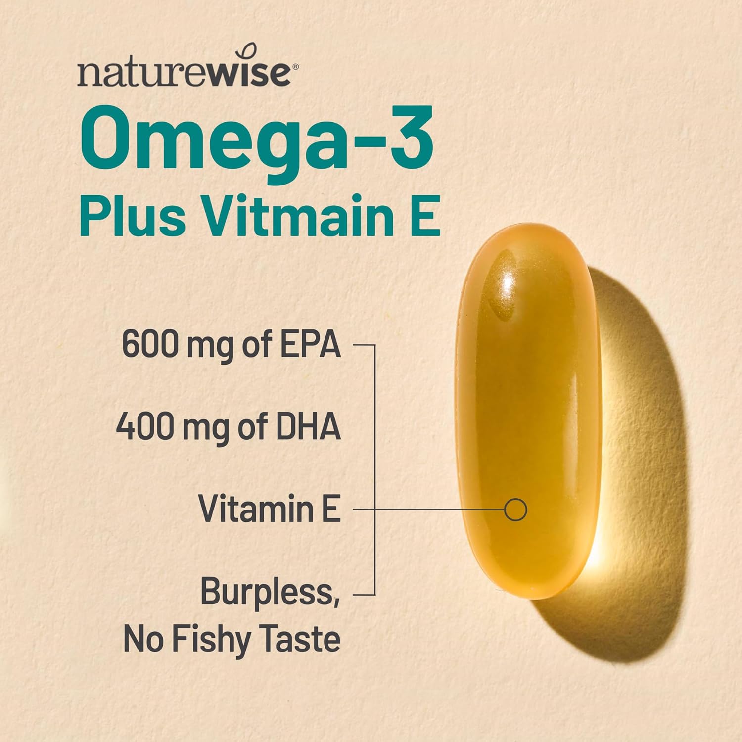 NatureWise Extra-Strength Omega 3 Fish Oil Supplement - 1000mg per Serving - 600 EPA & 400 DHA and Vitamin E - Support for Heart & Brain Health - Lemon Flavor, GMO-Free - 60 Softgels[1-Month Supply]