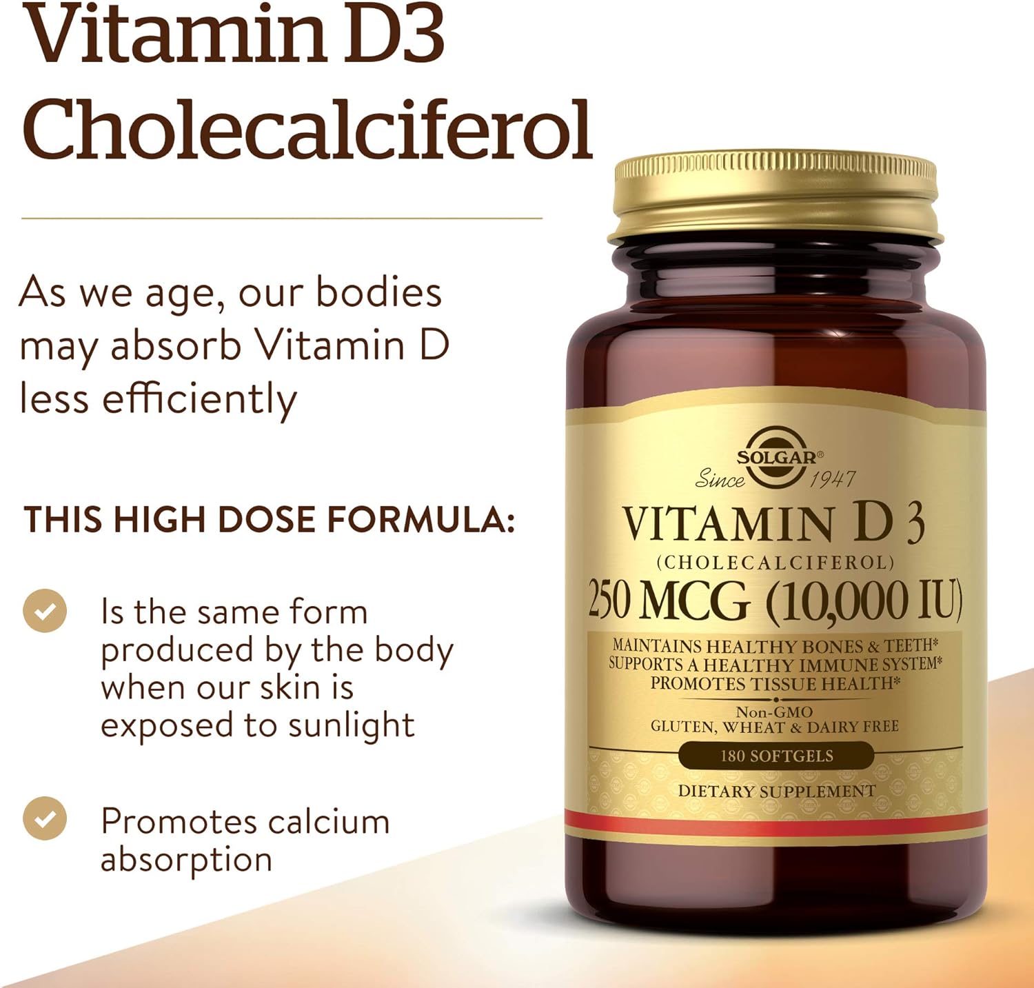 Solgar Vitamin D3 Cholecalciferol 250 MCG 10000 IU Softgels Helps Maintain Healthy Bones Teeth Immune System Support Non-GMO Gluten, Dairy Free Servings, 180 Count