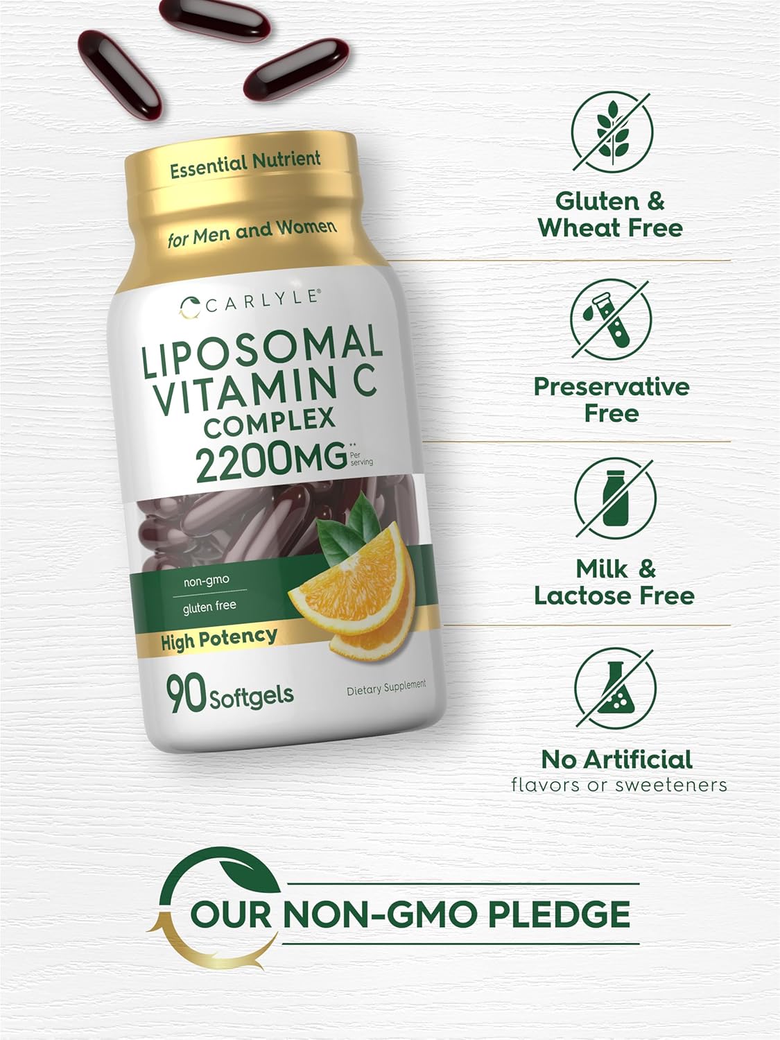 Carlyle Liposomal Vitamin C | 2200mg | 90 Softgel Capsules | High Potency Complex Supplement | Non-GMO, Gluten Free Packaging May Vary