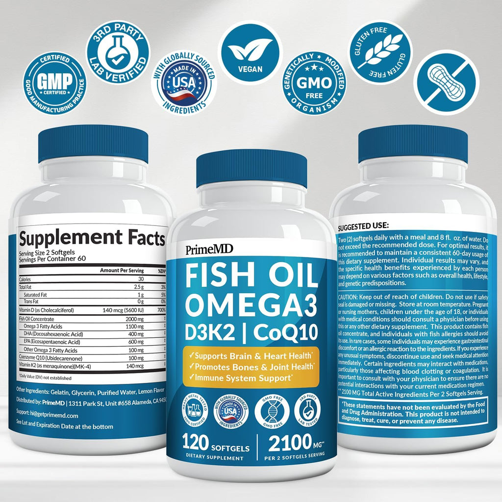 4-in-1 Fish Oil Omega 3 Fatty Supplements (2100mg) - Omega 3 Fish Oil with Vitamins D3 K2 and CoQ10 - Lemon Flavored (120 softgels)