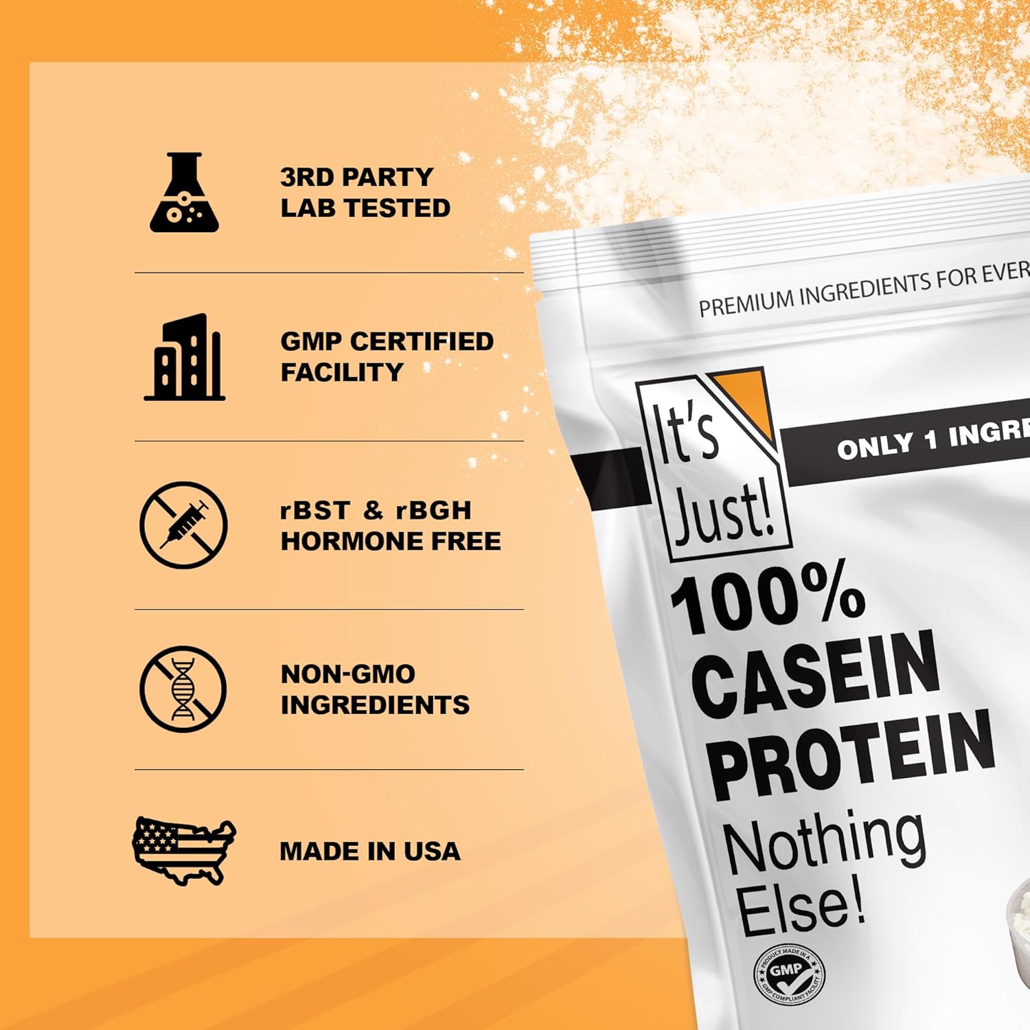 It's Just! - 100% Casein Protein Powder, Made in USA, One Ingredient, Slow Burning, Time Release (1 Pound (Pack of 1), Unflavored)