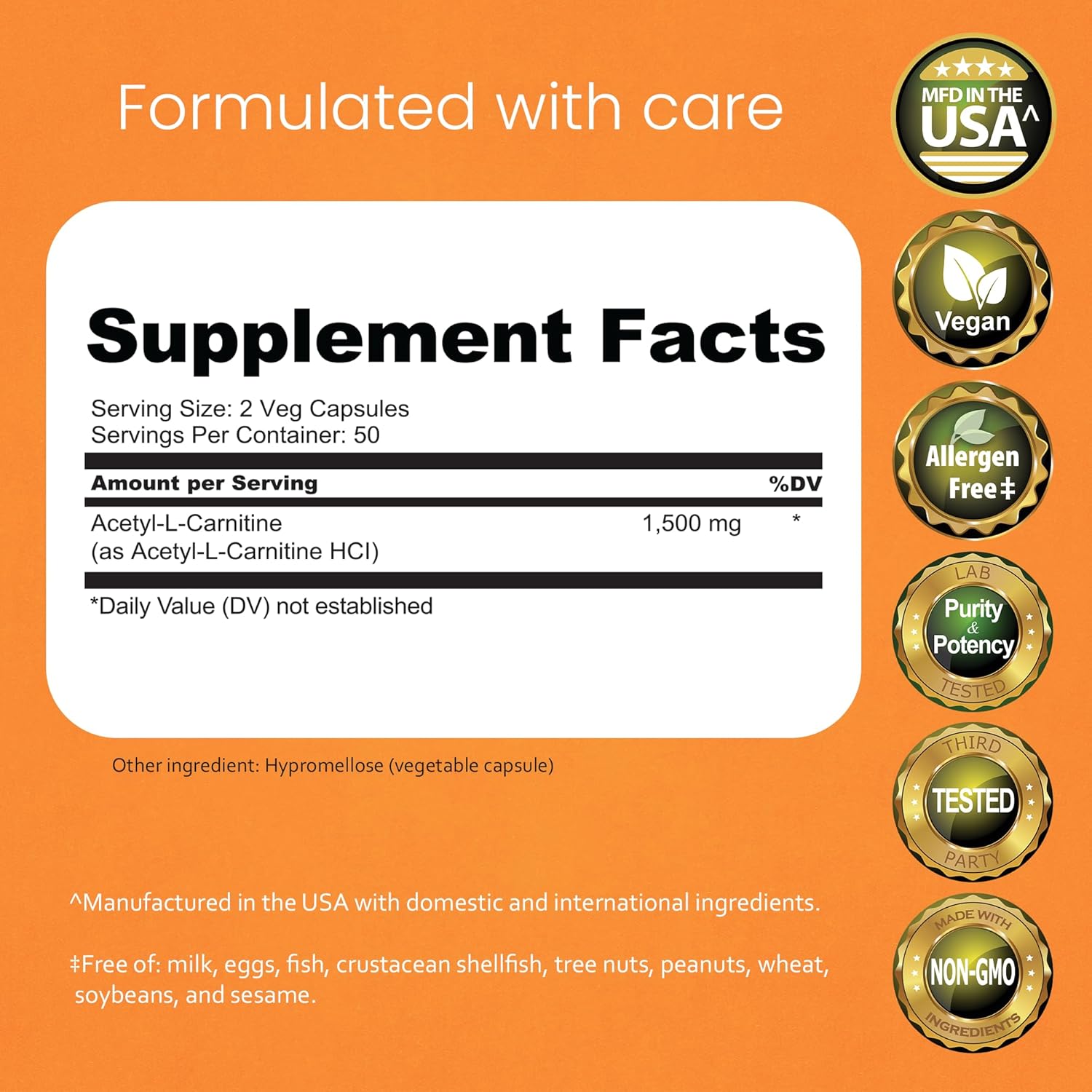 Acetyl L-Carnitine (ALCAR) 1500 mg per Serving – 100 Capsules – Non-GMO, Gluten-Free, Vegan