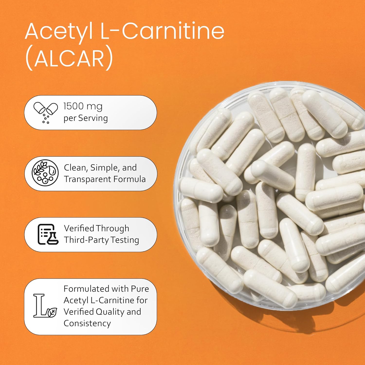 Acetyl L-Carnitine (ALCAR) 1500 mg per Serving – 100 Capsules – Non-GMO, Gluten-Free, Vegan