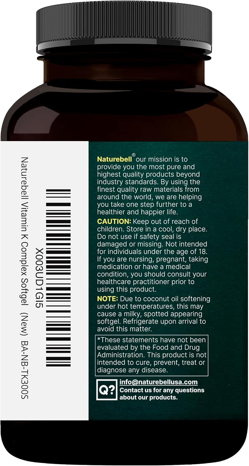 NatureBell Vitamin K Complex, K1 + K2 (MK-7 & MK-4) 2,600mcg Per Serving, 300 Coconut Oil Softgels | Max Absorption – Full Spectrum K Vitamins Supplement | Heart & Bone Support | Non-GMO