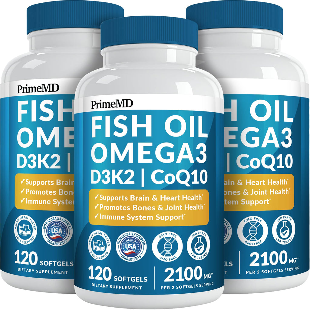 4-in-1 Fish Oil Omega 3 Fatty Supplements (2100mg) - Omega 3 Fish Oil with Vitamins D3 K2 and CoQ10 - Lemon Flavored (120 softgels)