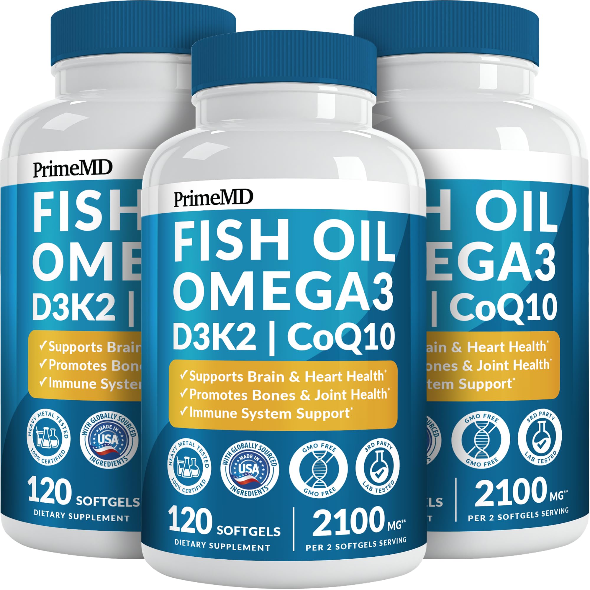 4-in-1 Fish Oil Omega 3 Fatty Supplements (2100mg) - Omega 3 Fish Oil with Vitamins D3 K2 and CoQ10 - Lemon Flavored (120 softgels)