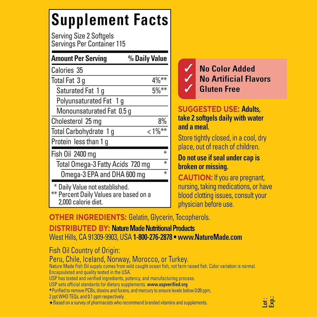 Nature Made Fish Oil Omega 3 Supplements, 1200 mg Softgels, Omega 3 Fish Oil for Healthy Heart Support, 230 Softgels, 115 Day Supply