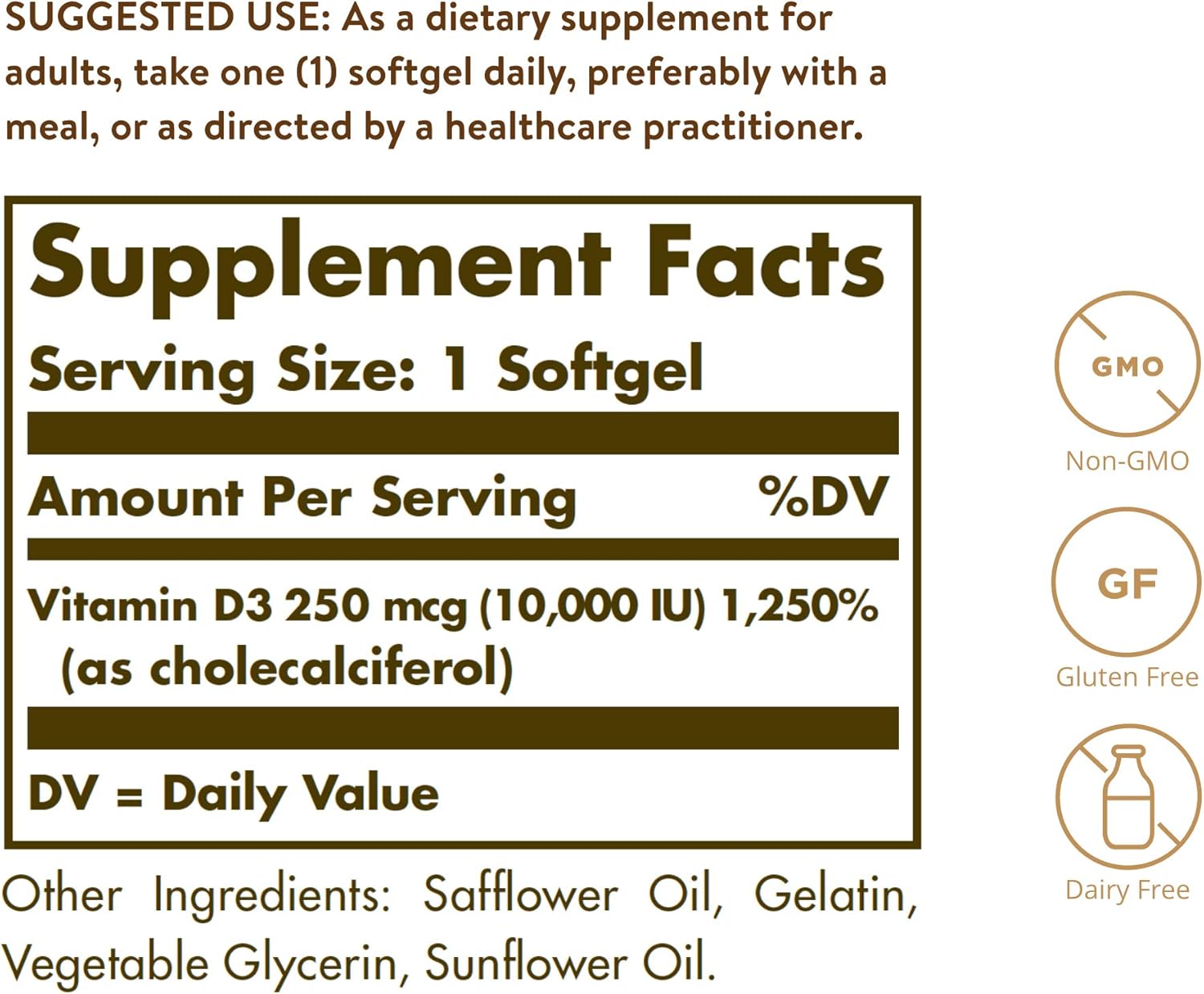 Solgar Vitamin D3 Cholecalciferol 250 MCG 10000 IU Softgels Helps Maintain Healthy Bones Teeth Immune System Support Non-GMO Gluten, Dairy Free Servings, 180 Count