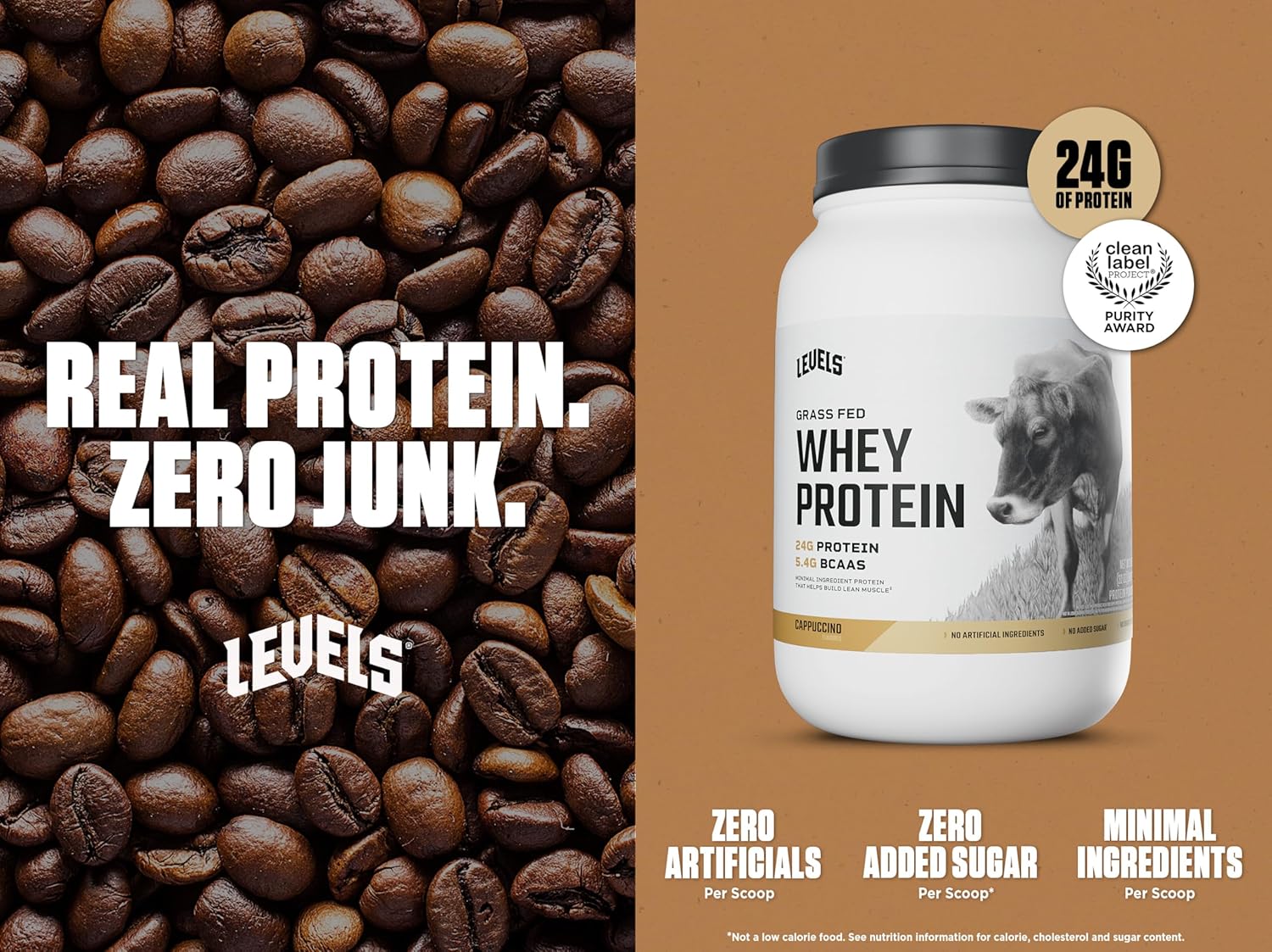 Levels Grass Fed Whey Protein Powder, No Artificials, 24G of Protein, Cappuccino, 2LB