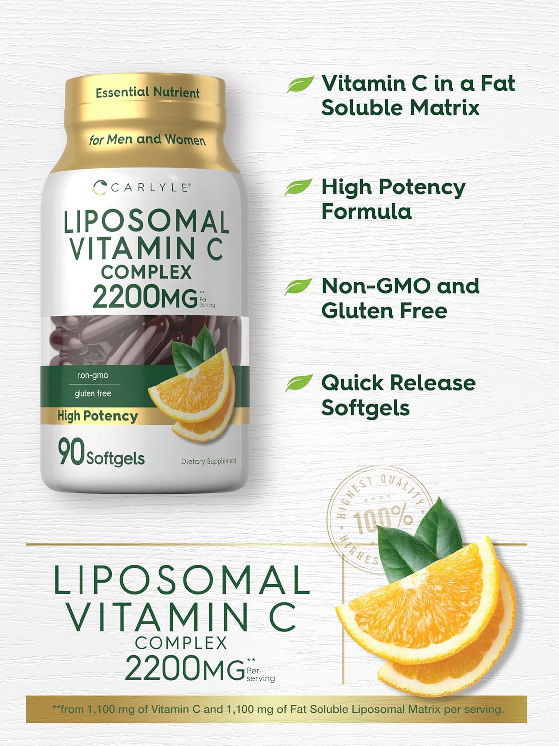 Carlyle Liposomal Vitamin C | 2200mg | 90 Softgel Capsules | High Potency Complex Supplement | Non-GMO, Gluten Free Packaging May Vary
