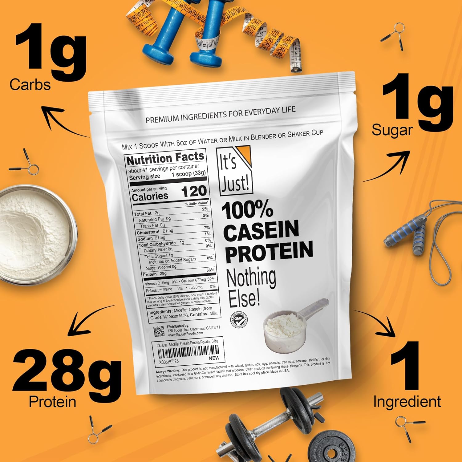 It's Just! - 100% Casein Protein Powder, Made in USA, One Ingredient, Slow Burning, Time Release (1 Pound (Pack of 1), Unflavored)