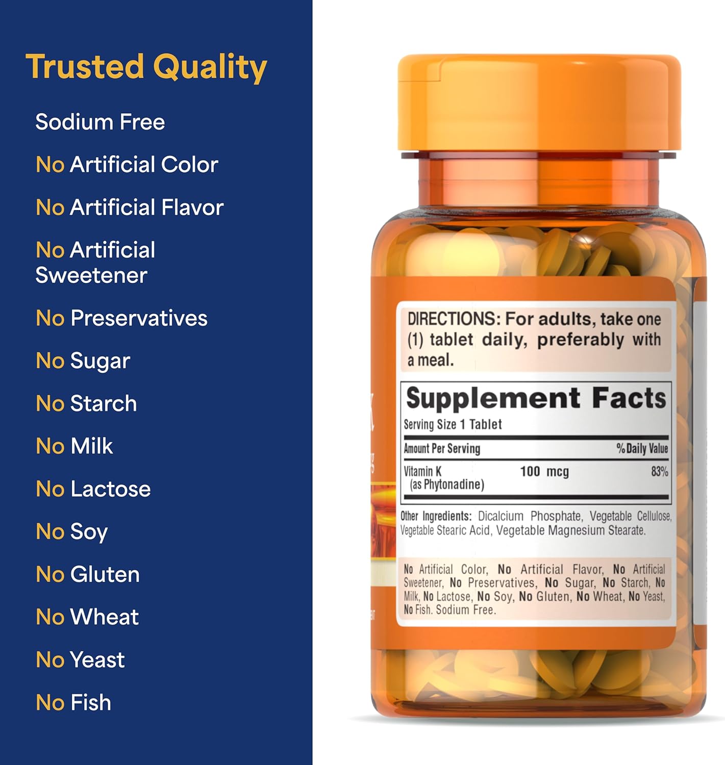 Puritan's Pride Premium Vitamin K 100mcg, Dietary Supplement for Bone, Joint, and Blood Clotting Health Support, 100 Day Supply, 100 Tablets