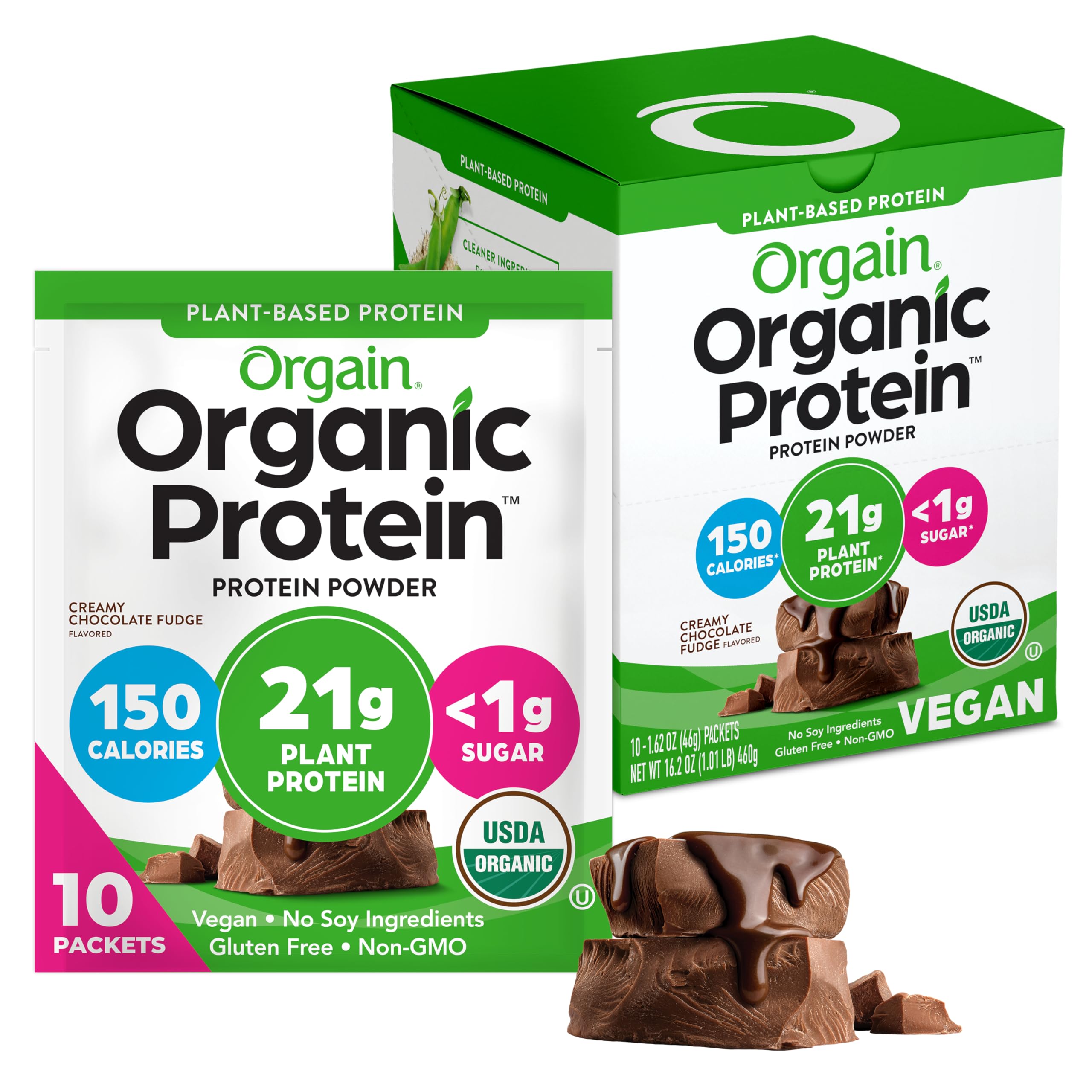 Orgain Organic Vegan Protein Powder, Creamy Chocolate Fudge - 21g Plant Protein, 6g Prebiotic Fiber, Low Net Carb, No Lactose Ingredients, No Added Sugar, Non-GMO, For Shakes & Smoothies, 2.03 lb