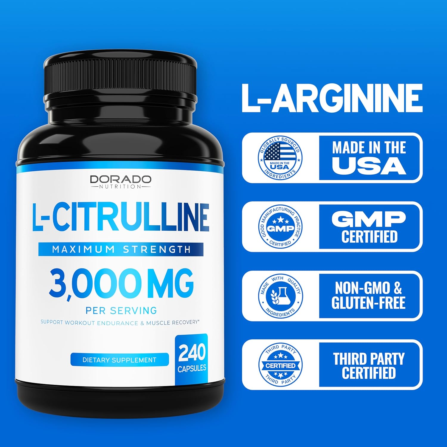 L Citrulline 3000mg Supplement (240 Capsules) Support L Arginine & Nitric Oxide Pills - L-Citrulline For Men & Women - Muscle Recovery & Pump Supplement - 3rd Party Tested, Vegan, Non-GMO - USA Made