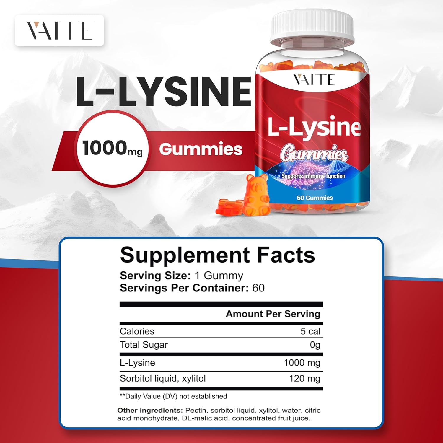 L-Lysine 1000mg Gummies - Supports Skin, Lip, Vegan, Gluten Free, Vitamins for Adults Tissue Health & Immune System, Chewables, Amino Acid Vitamin Supplement & Complex Supplements, Non-GMO