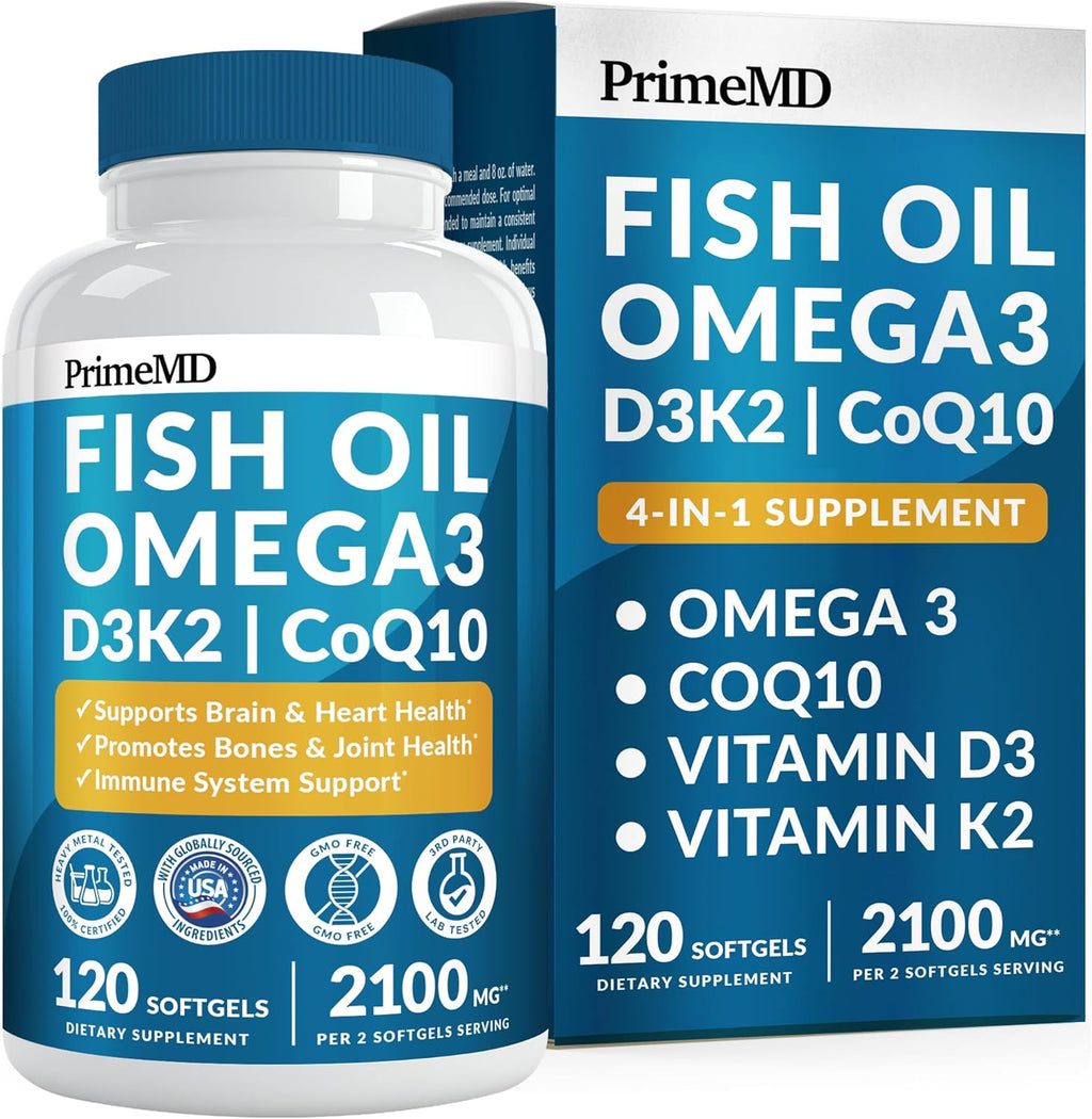 4-in-1 Fish Oil Omega 3 Fatty Supplements (2100mg) - Omega 3 Fish Oil with Vitamins D3 K2 and CoQ10 - Lemon Flavored (120 softgels)