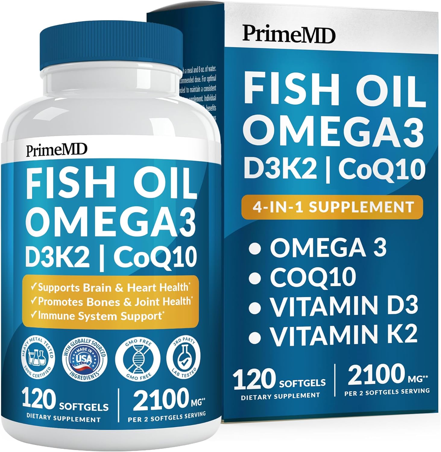 4-in-1 Fish Oil Omega 3 Fatty Supplements (2100mg) - Omega 3 Fish Oil with Vitamins D3 K2 and CoQ10 - Lemon Flavored (120 softgels)