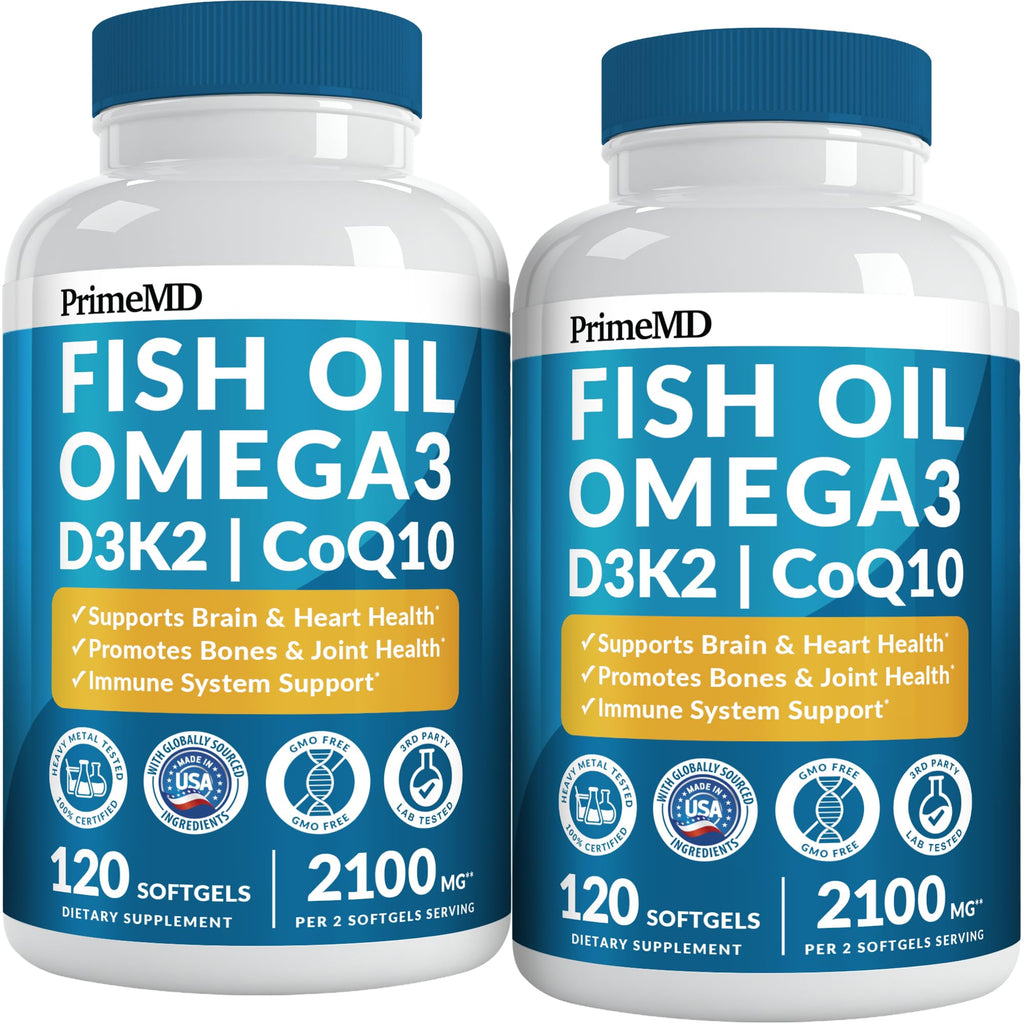4-in-1 Fish Oil Omega 3 Fatty Supplements (2100mg) - Omega 3 Fish Oil with Vitamins D3 K2 and CoQ10 - Lemon Flavored (120 softgels)