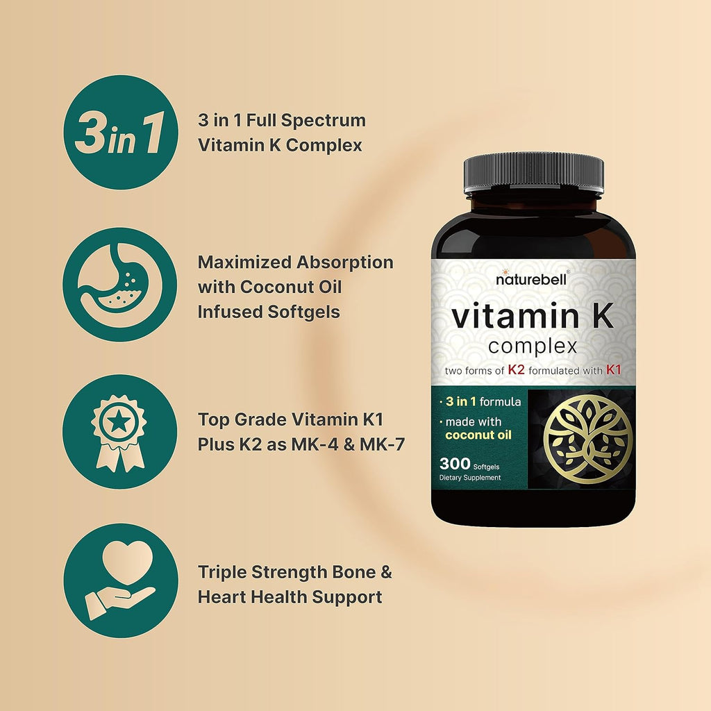 NatureBell Vitamin K Complex, K1 + K2 (MK-7 & MK-4) 2,600mcg Per Serving, 300 Coconut Oil Softgels | Max Absorption – Full Spectrum K Vitamins Supplement | Heart & Bone Support | Non-GMO