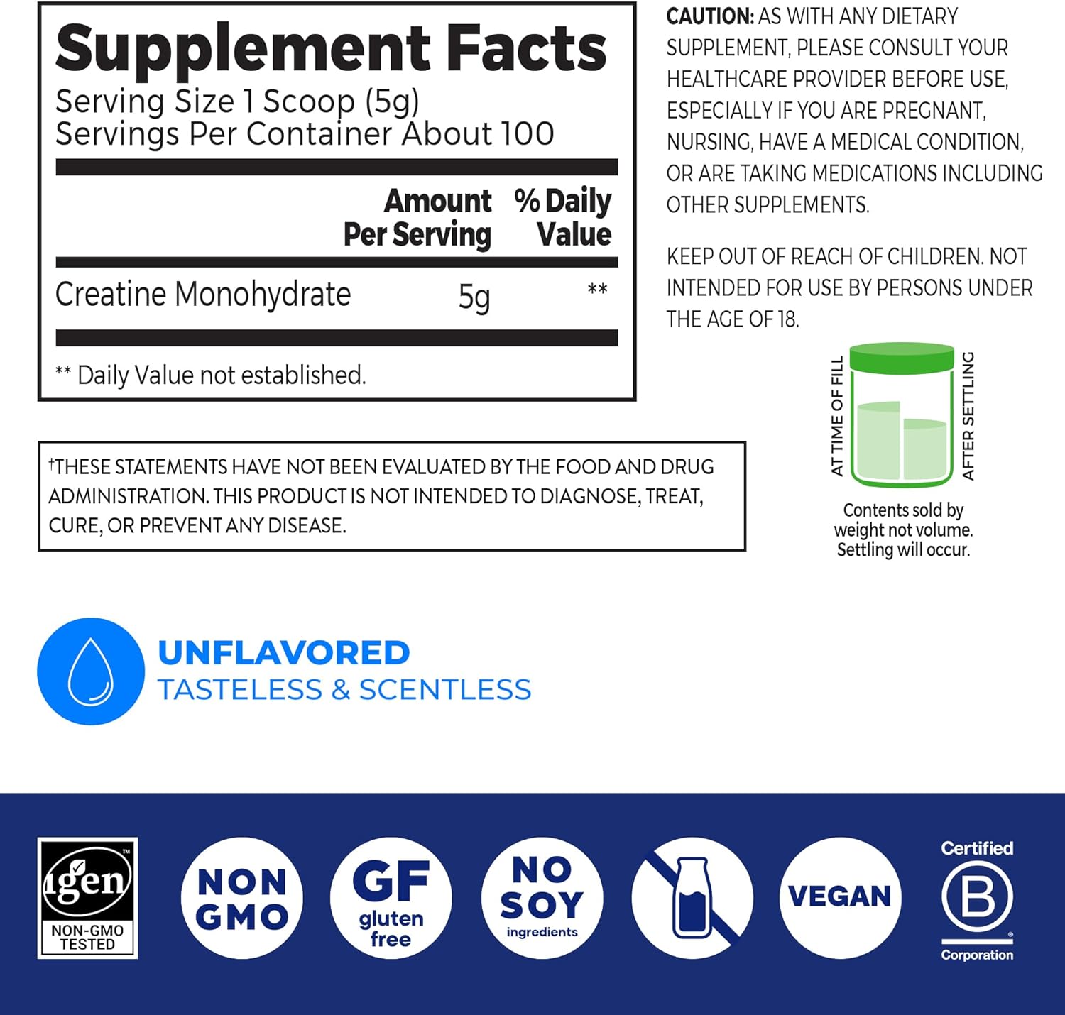 Orgain Creatine Monohydrate Micronized Powder, 100 Servings, Unflavored, Supports Muscle Growth, Post Workout Recovery and Brain Health, No Artificial Additives, for Men & Women, Vegan