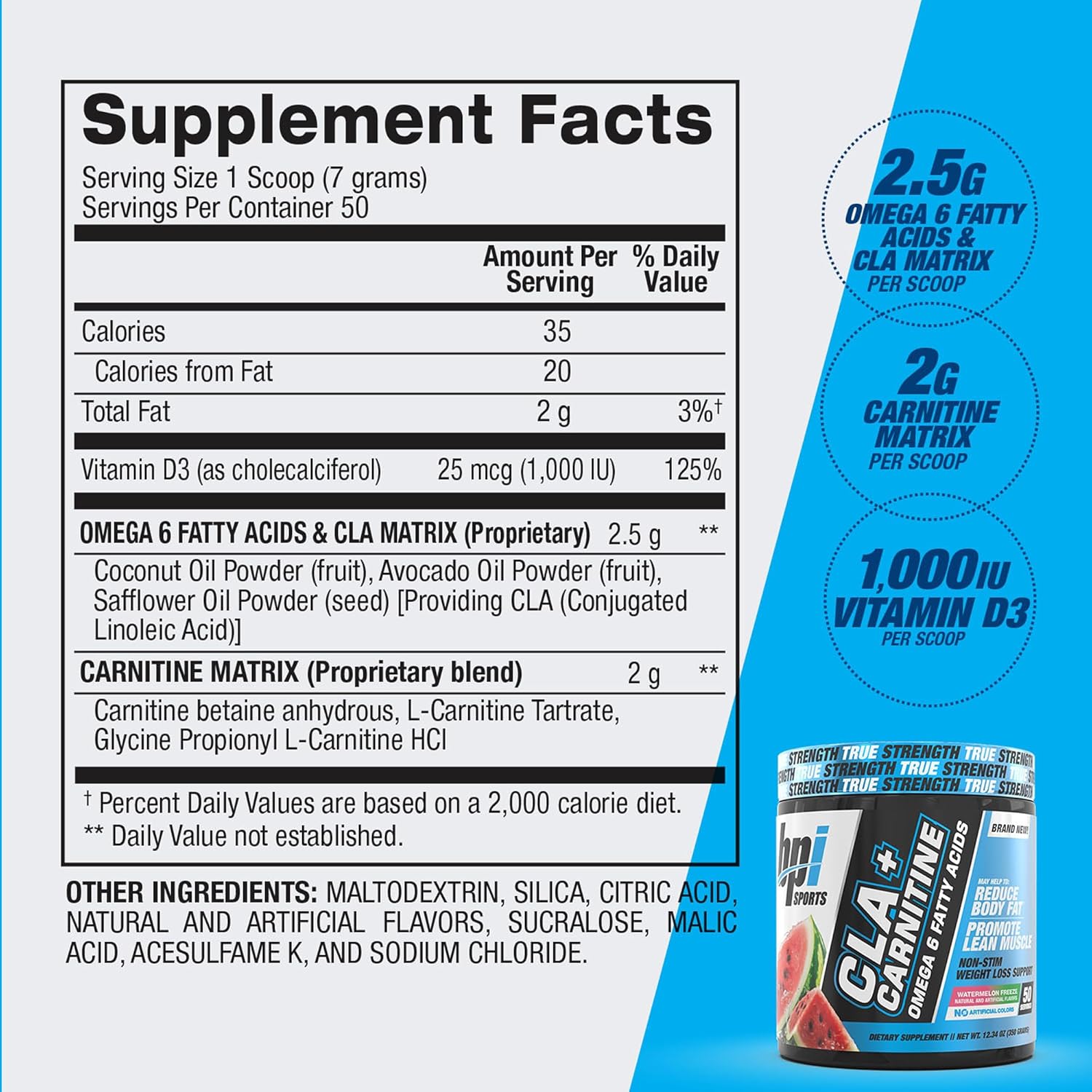 BPI Sports CLA+Carnitine – CLA L Carnitine & Linoleic Acid – L Carnitine Supplement for Weight Loss, Metabolism & Lean Muscle – Caffeine Free – Watermelon Freeze – 50 Servings – 12.34 oz