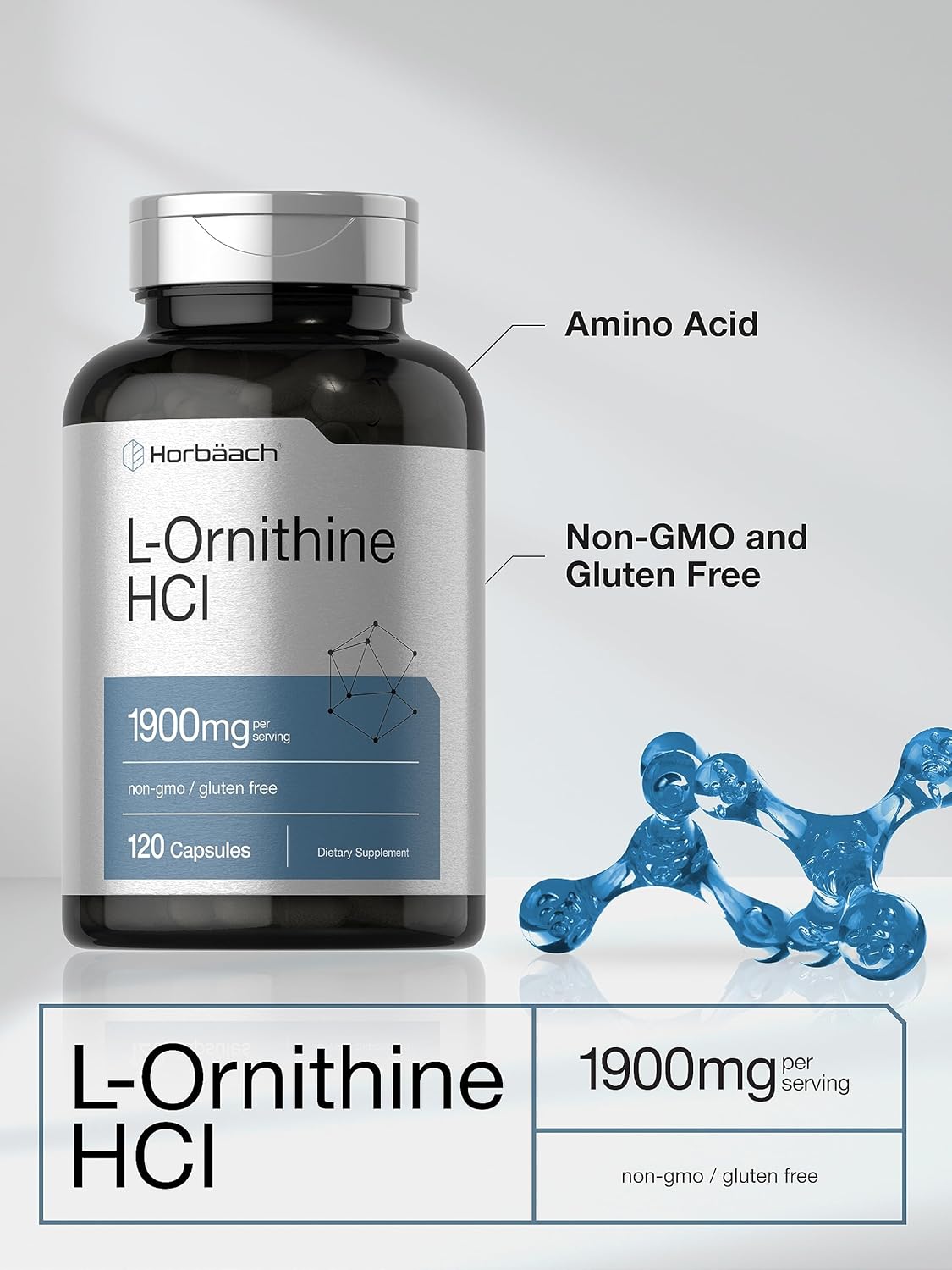 Horbäach L Ornithine HCl | 1900mg | 120 Capsules | Non-GMO & Gluten Free Supplement