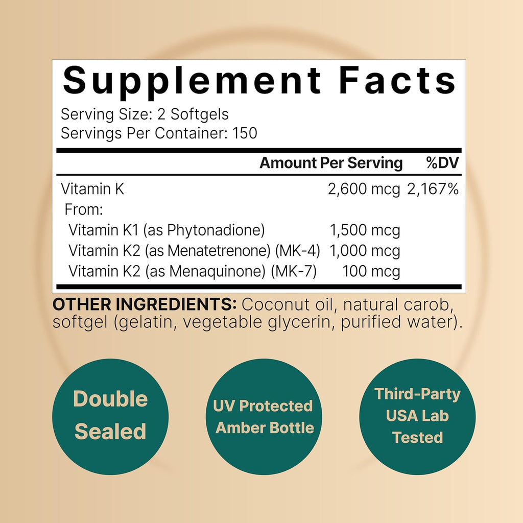 NatureBell Vitamin K Complex, K1 + K2 (MK-7 & MK-4) 2,600mcg Per Serving, 300 Coconut Oil Softgels | Max Absorption – Full Spectrum K Vitamins Supplement | Heart & Bone Support | Non-GMO