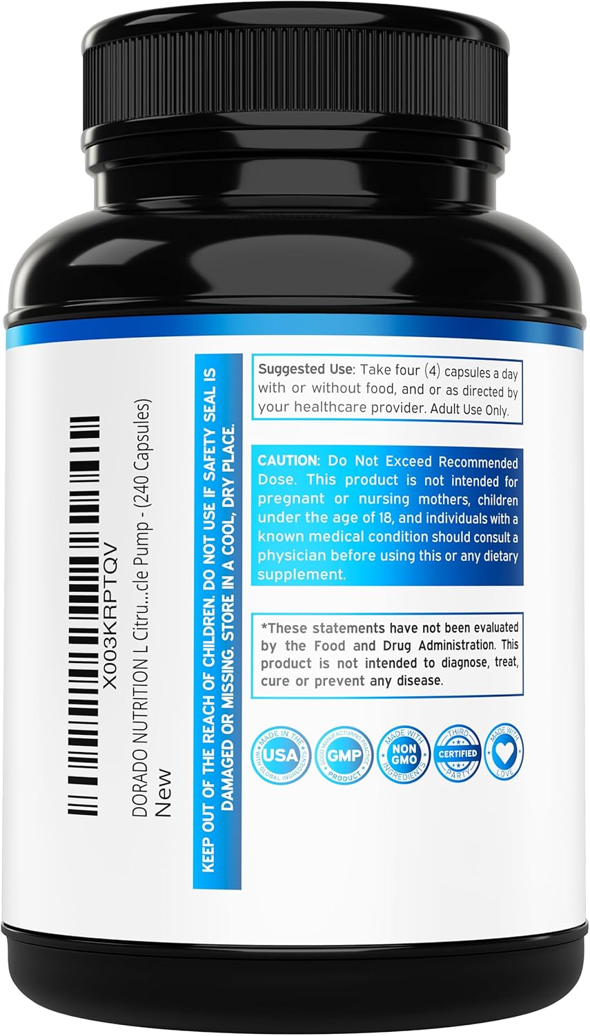 L Citrulline 3000mg Supplement (240 Capsules) Support L Arginine & Nitric Oxide Pills - L-Citrulline For Men & Women - Muscle Recovery & Pump Supplement - 3rd Party Tested, Vegan, Non-GMO - USA Made
