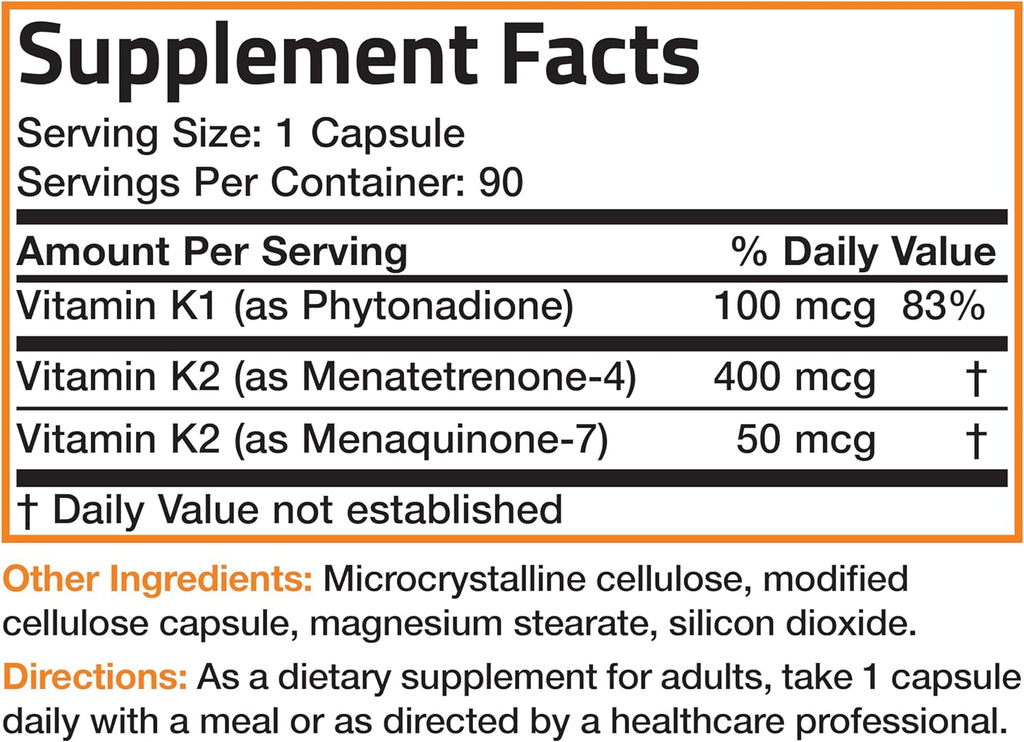 Bronson Vitamin K Triple Play (Vitamin K2 MK7 / Vitamin K2 MK4 / Vitamin K1) Full Spectrum Complex Vitamin K Supplement, 90 Capsules