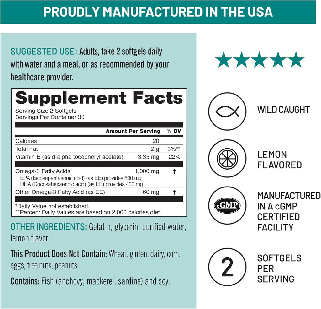 NatureWise Extra-Strength Omega 3 Fish Oil Supplement - 1000mg per Serving - 600 EPA & 400 DHA and Vitamin E - Support for Heart & Brain Health - Lemon Flavor, GMO-Free - 60 Softgels[1-Month Supply]