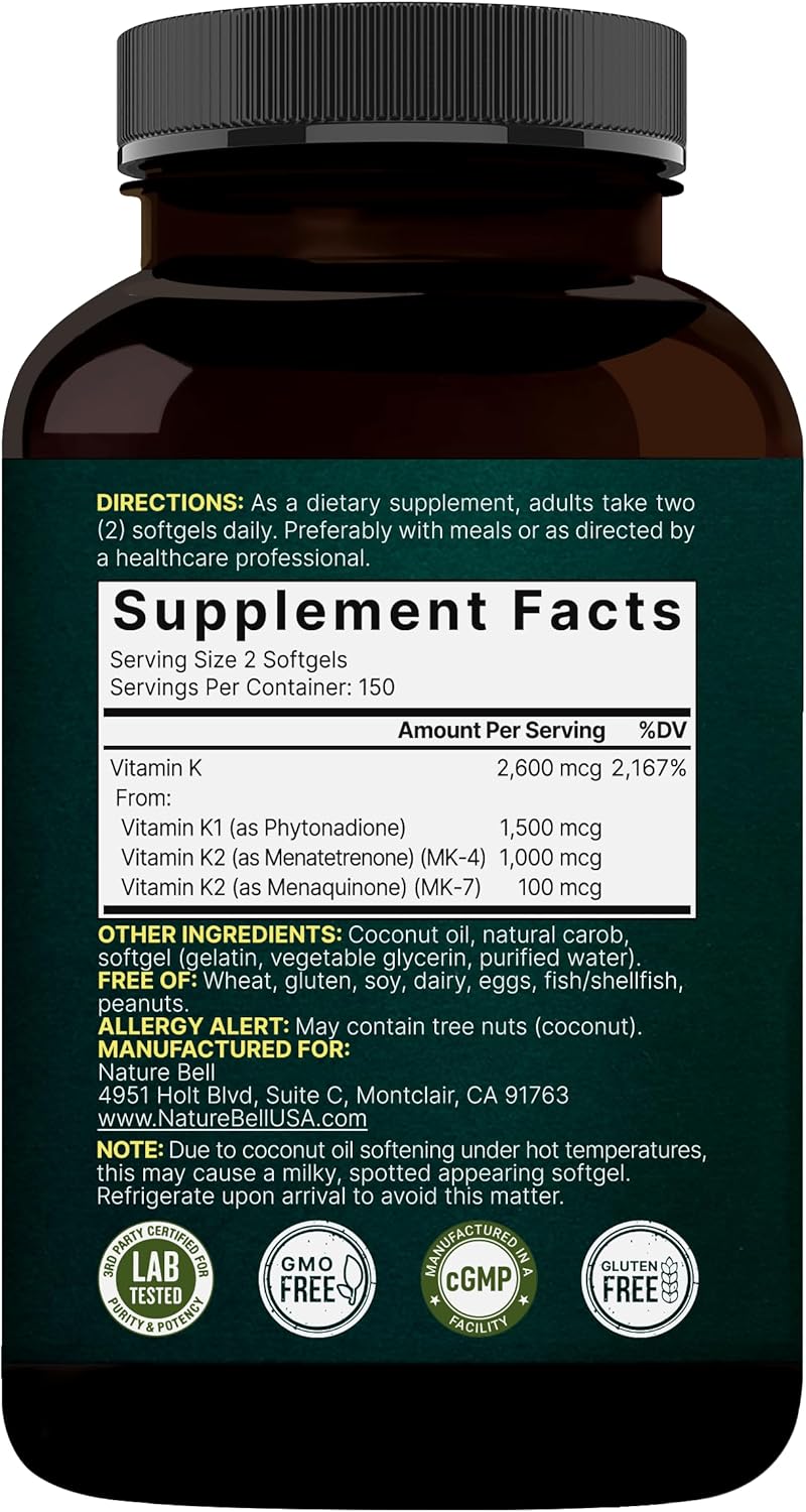 NatureBell Vitamin K Complex, K1 + K2 (MK-7 & MK-4) 2,600mcg Per Serving, 300 Coconut Oil Softgels | Max Absorption – Full Spectrum K Vitamins Supplement | Heart & Bone Support | Non-GMO
