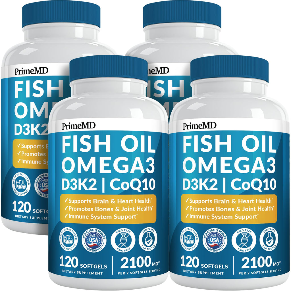 4-in-1 Fish Oil Omega 3 Fatty Supplements (2100mg) - Omega 3 Fish Oil with Vitamins D3 K2 and CoQ10 - Lemon Flavored (120 softgels)