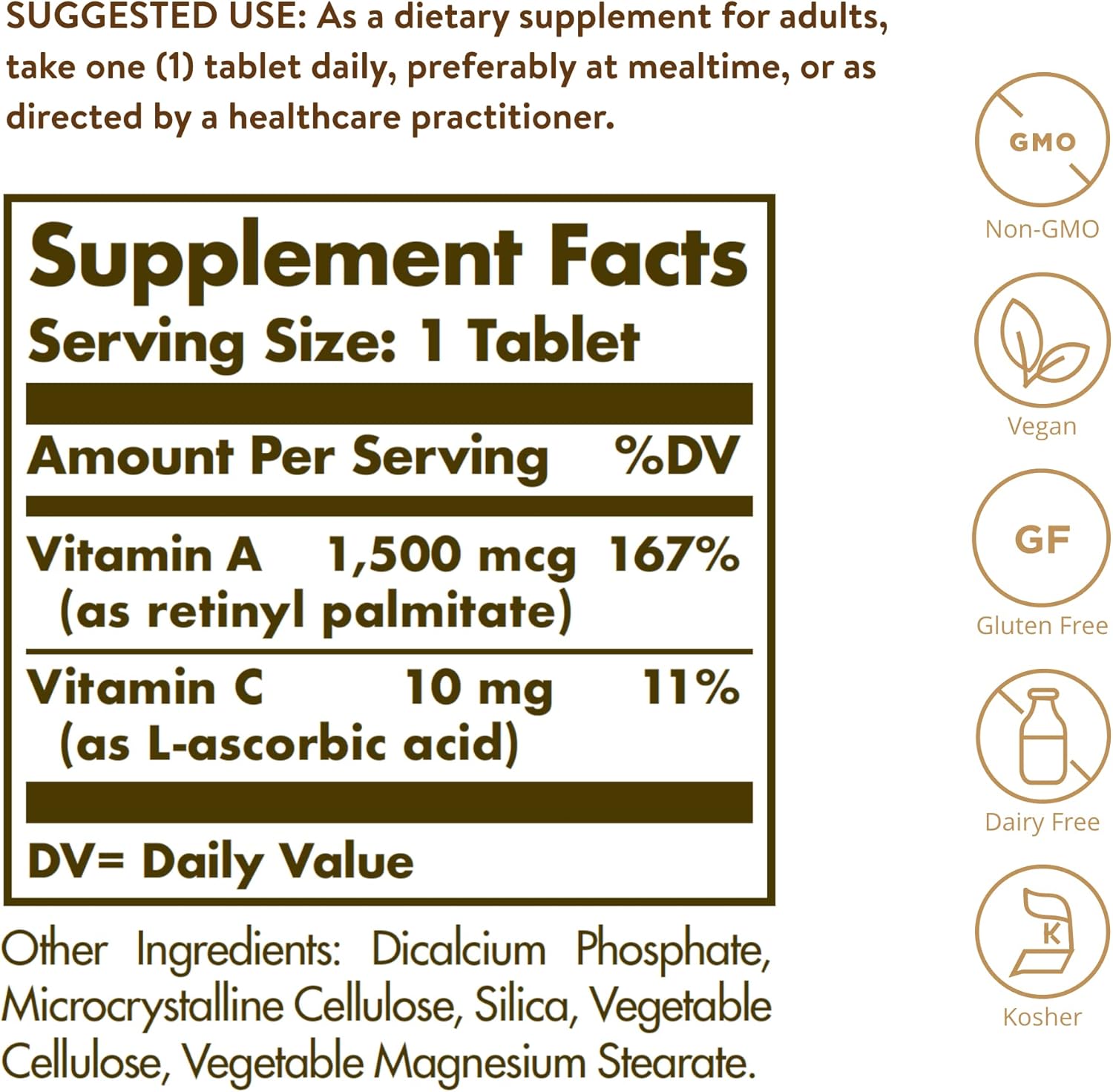Solgar Dry Vitamin A 1500 mcg (5000 IU), 100 Tablets - Supports Healthy Eyes, Skin & Immune System - Non-GMO, Vegan, Gluten Free, Dairy Free, Kosher - 100 Servings