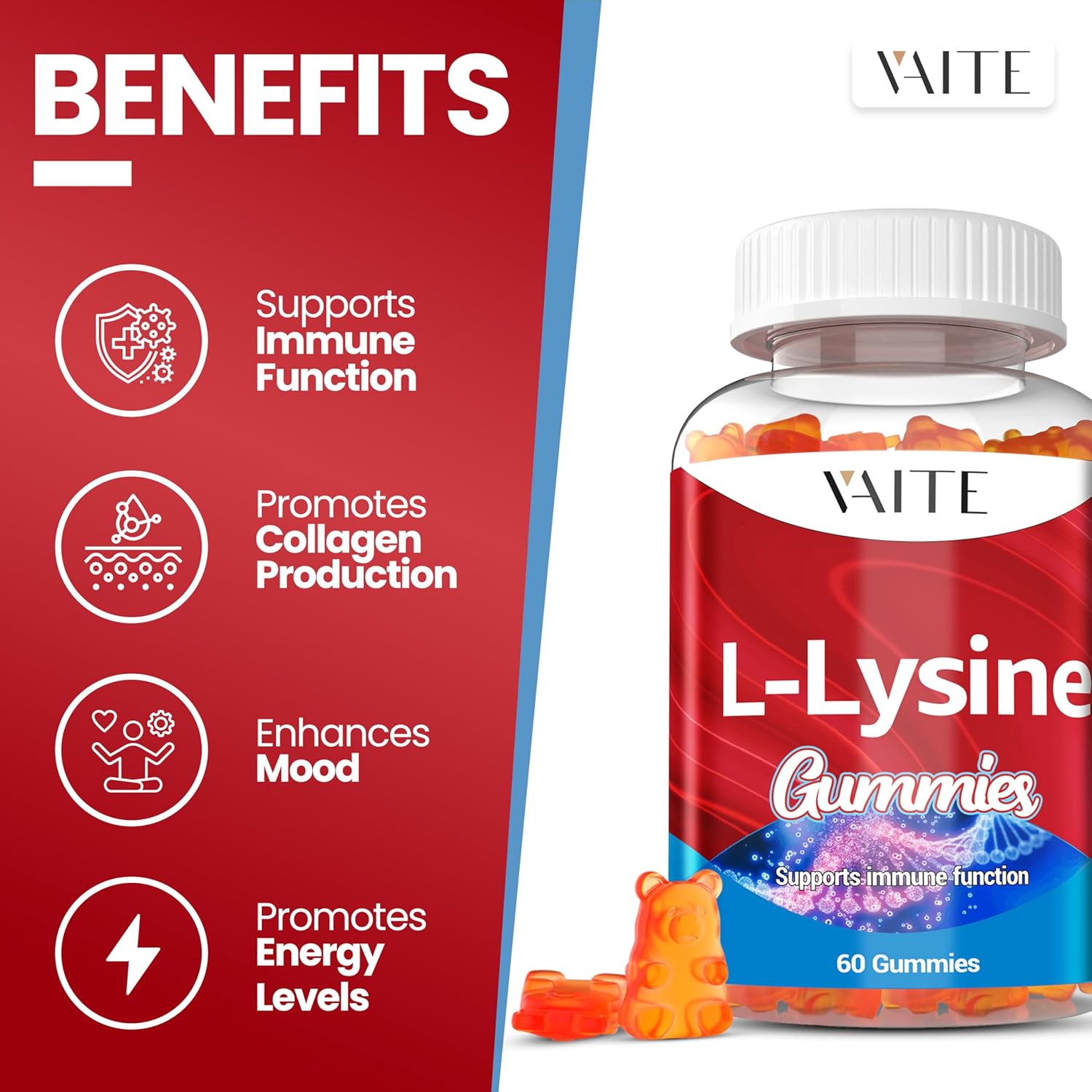 L-Lysine 1000mg Gummies - Supports Skin, Lip, Vegan, Gluten Free, Vitamins for Adults Tissue Health & Immune System, Chewables, Amino Acid Vitamin Supplement & Complex Supplements, Non-GMO