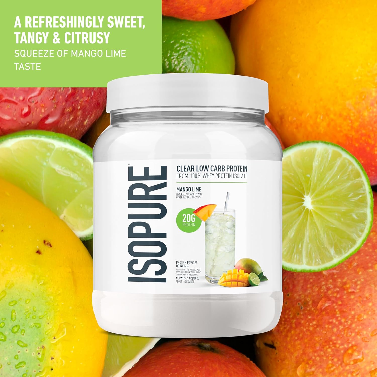 Isopure Clear Whey Isolate Protein Powder, Lactose Free, Gluten Free, Naturally Flavored, Mango Lime, 20g Protein Per Serving, 14.1 Oz, 16 Servings (Packaging May Vary)